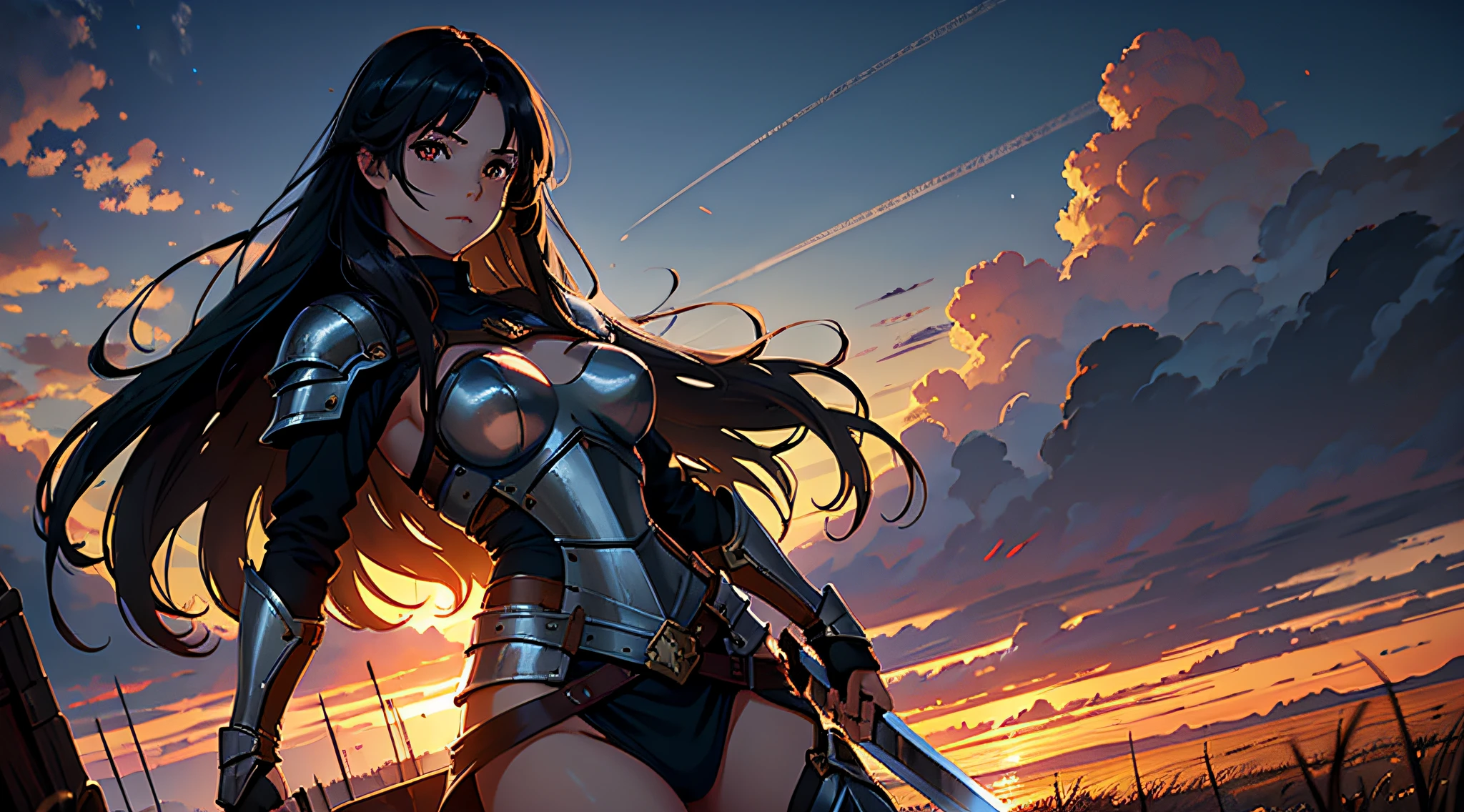 1girl, long dark hair, Average Breasts, in armor, with a long sword, brown eye, On the battlefield, the panorama, Sundown, 8K, Masterpiece, hight resolution