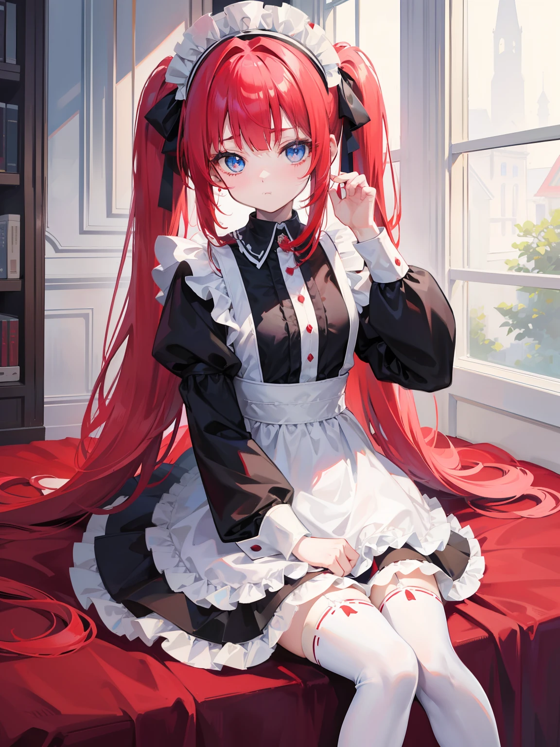 red hair,blue eyes,twintails,maid, long hair, long sleeves, gothic, solo, loli,Short skirt, white stockings,{{best quality}}, {{masterpiece}}, {{ultra-detailed}}, {illustration}, {detailed light}, {an extremely delicate and beautiful},little girl,cute,