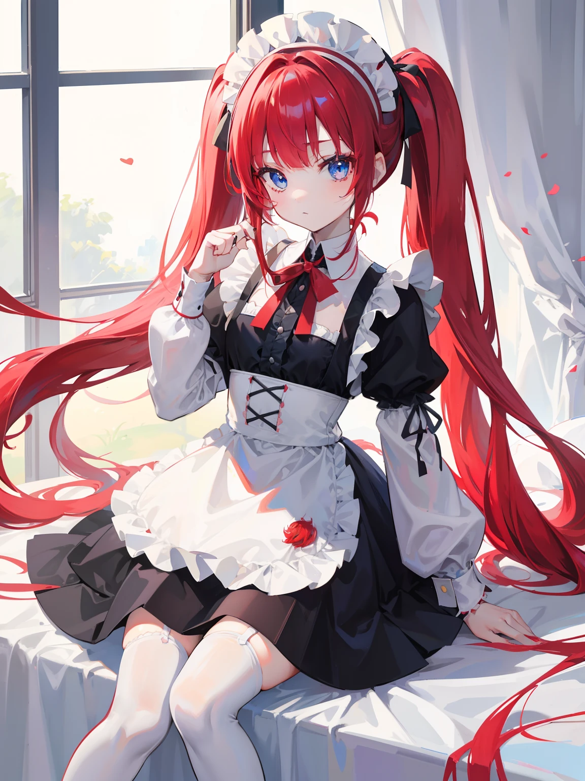 red hair,blue eyes,twintails,maid, long hair, long sleeves, gothic, solo, loli,Short skirt, white stockings,{{best quality}}, {{masterpiece}}, {{ultra-detailed}}, {illustration}, {detailed light}, {an extremely delicate and beautiful}, girl,cute,