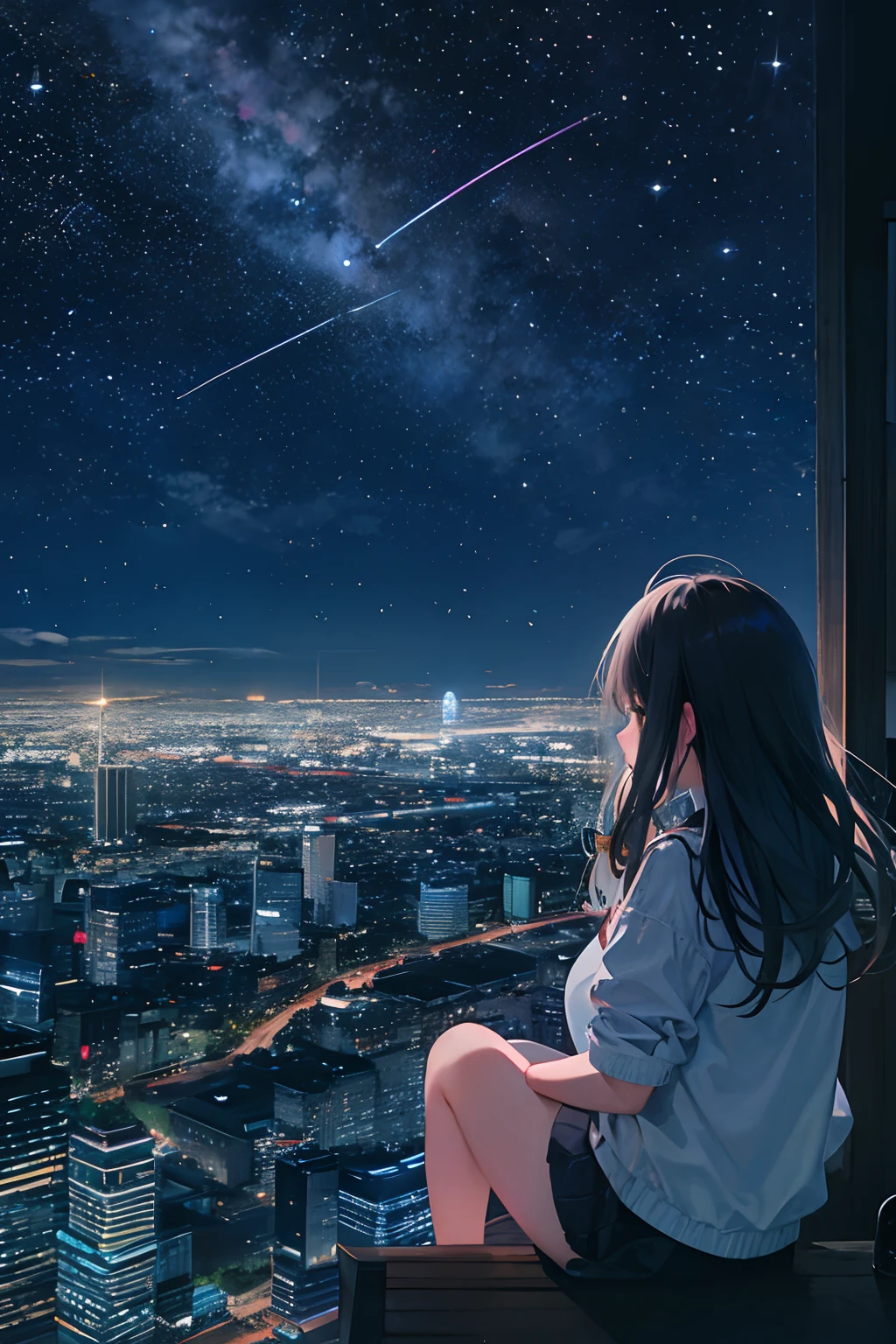 octans, sky, star (sky), scenery, starry sky, night, 1girl, night sky, solo, outdoors, building, cloud, milky way, sitting, tree, long hair, city, silhouette, cityscape,City from a distance, tokyo, city billboard, 1 milky way in the sky,