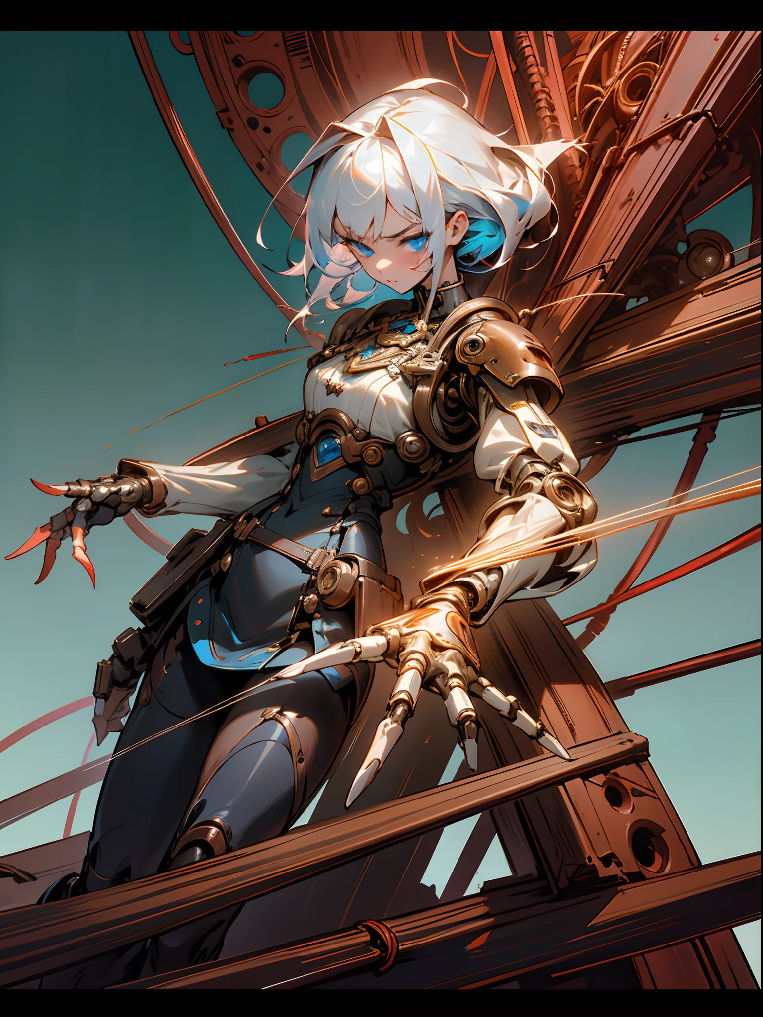 (masterpiece, top quality, best quality, official art, beautiful and aesthetic:1.2), (1girl:1.3), extreme detailed, colorful, highest detailed ((ultra-detailed)), (highly detailed CG illustration), ((an extremely delicate and beautiful)), cinematic light, ((1mechanical girl)),solo, cowboy shot, (machine joints:1.2), ((mechanical limbs)), (blood vessels connected to tubes), (wires and cables attaching to neck:1.2), (character focus), tubes on background, machines are attached to joints, white hair, looking at viewer, copper button, bronze, (black tights, ) perfect anatomy, blue eyes, monster finger, grabbing mechanical sword, ((5 fingers, dynamic pose)) city background, tilted angle