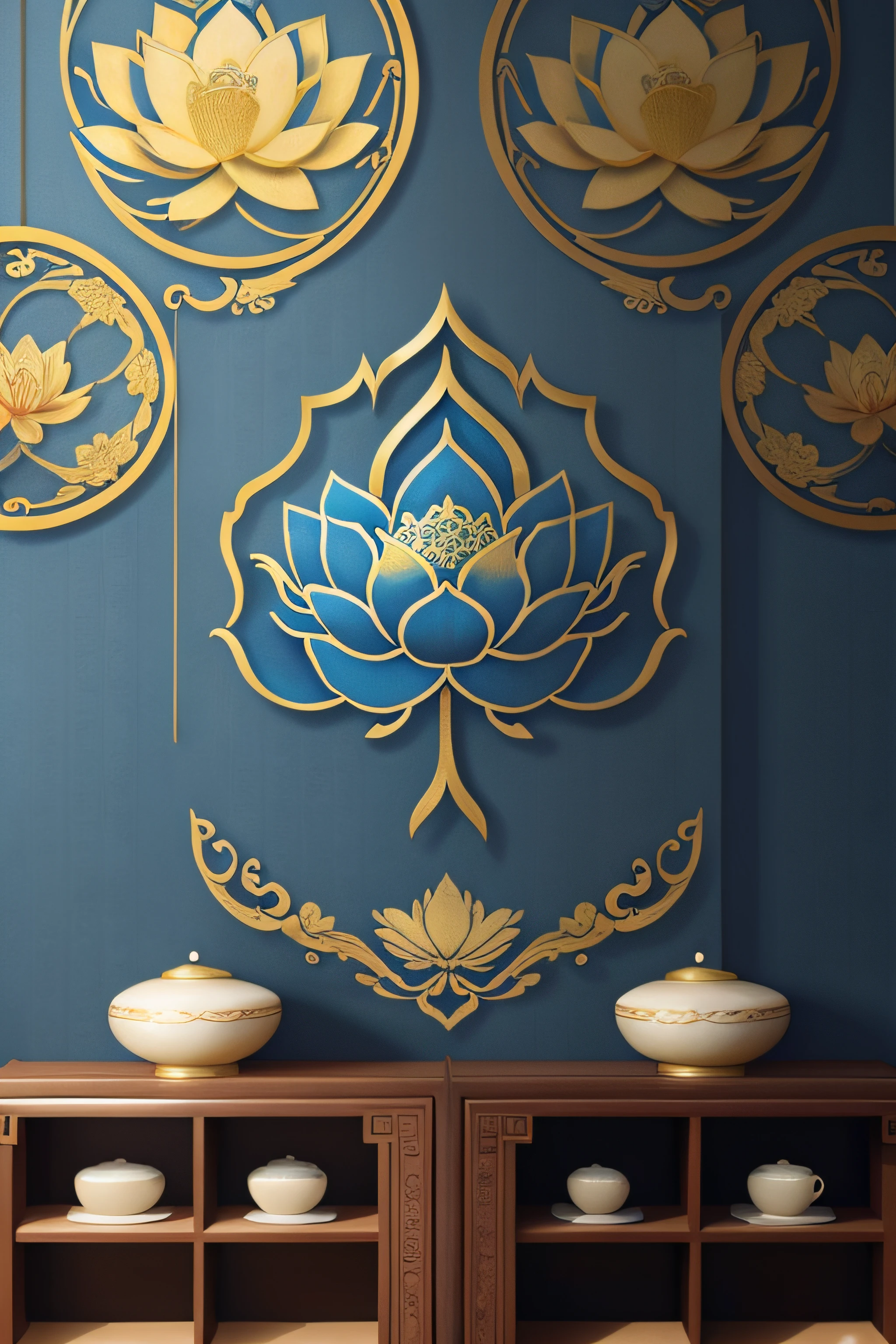 lotus flower ,Lotus leaf,Chinese wall art in blue and gold,Dark blue Chinese art print, Chinese décor, Minimalist wall art, Indigo