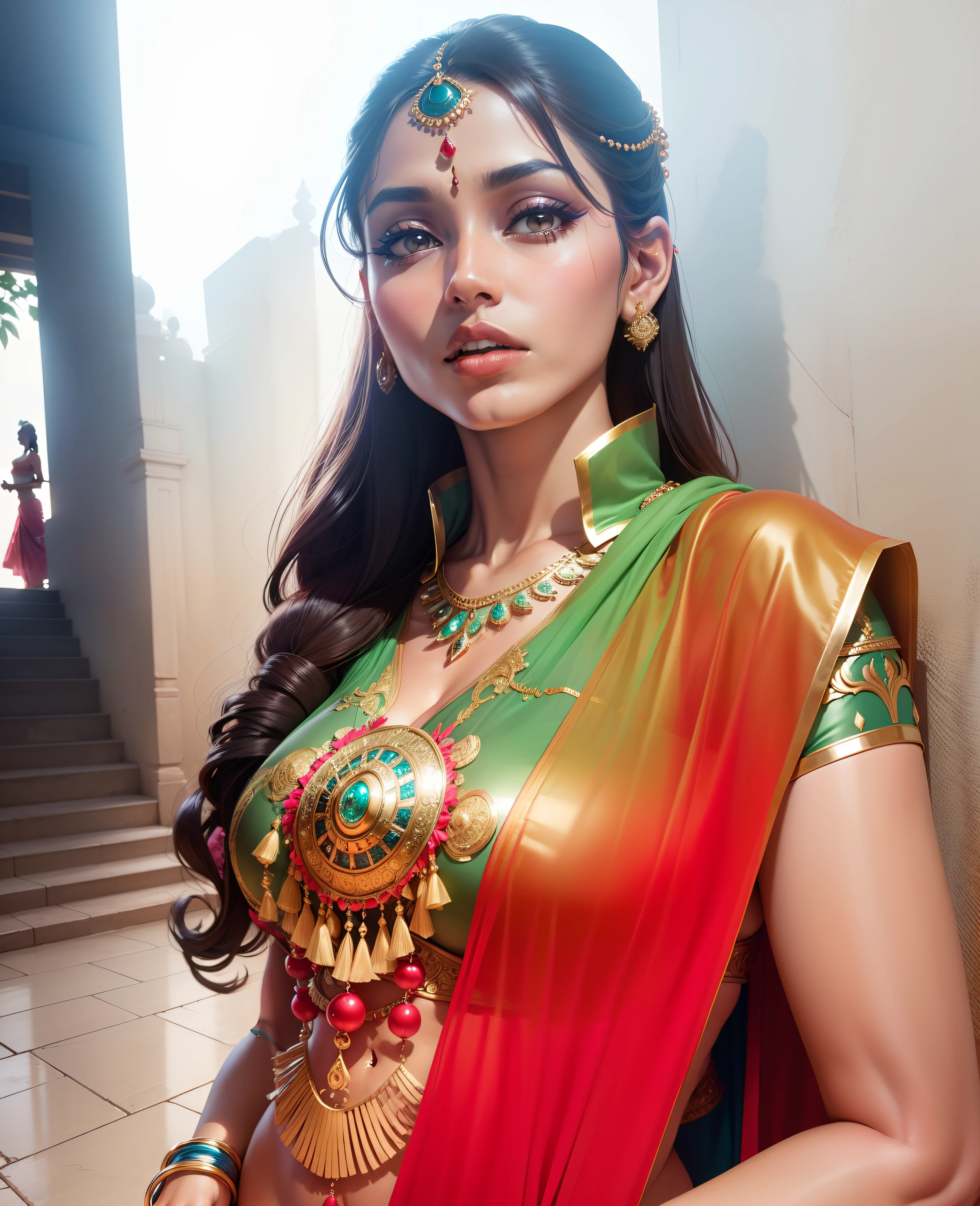 1girl, leaning on counter, detailed skin, beautiful, vibrant colors, 8k uhd, masterpiece, hdr, <lora:weight_slider_v2:0.3>, dark hair,  <lora:skin_tone_slider_v1:4>, happy, joy, <lora:indian_dance_dress:0.35> wearing indian_dance_dress, side view