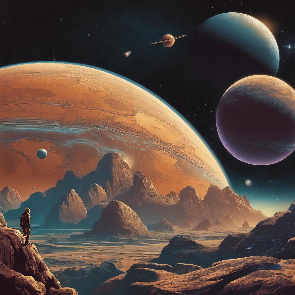 (best quality,ultra-detailed,highres,masterpiece:1.2),vivid colors,comic book style,space view,a planet with 6 moons orbiting it,the 70s,highly detailed planet surface,retro,retro-futuristic,6 moons orbiting the planet,comic book style details,massive planet size,comic book style shading and textures,lively characters around the planet,bright and bold color palette,planet with rings,comic book style spaceships,endless space background,dynamic action scenes with characters,futuristic city on the planet's surface,unique and intricate architecture,retro-futuristic technology and gadgets,stylized and expressive characters,70s fashion and hairstyles,fantastic cosmic landscapes and scenery,comic book style lettering and sound effects,retro pop art style,star-filled sky,planet with vibrant vegetation,sci-fi elements with a touch of fantasy,unforgettable and visually striking scenes.