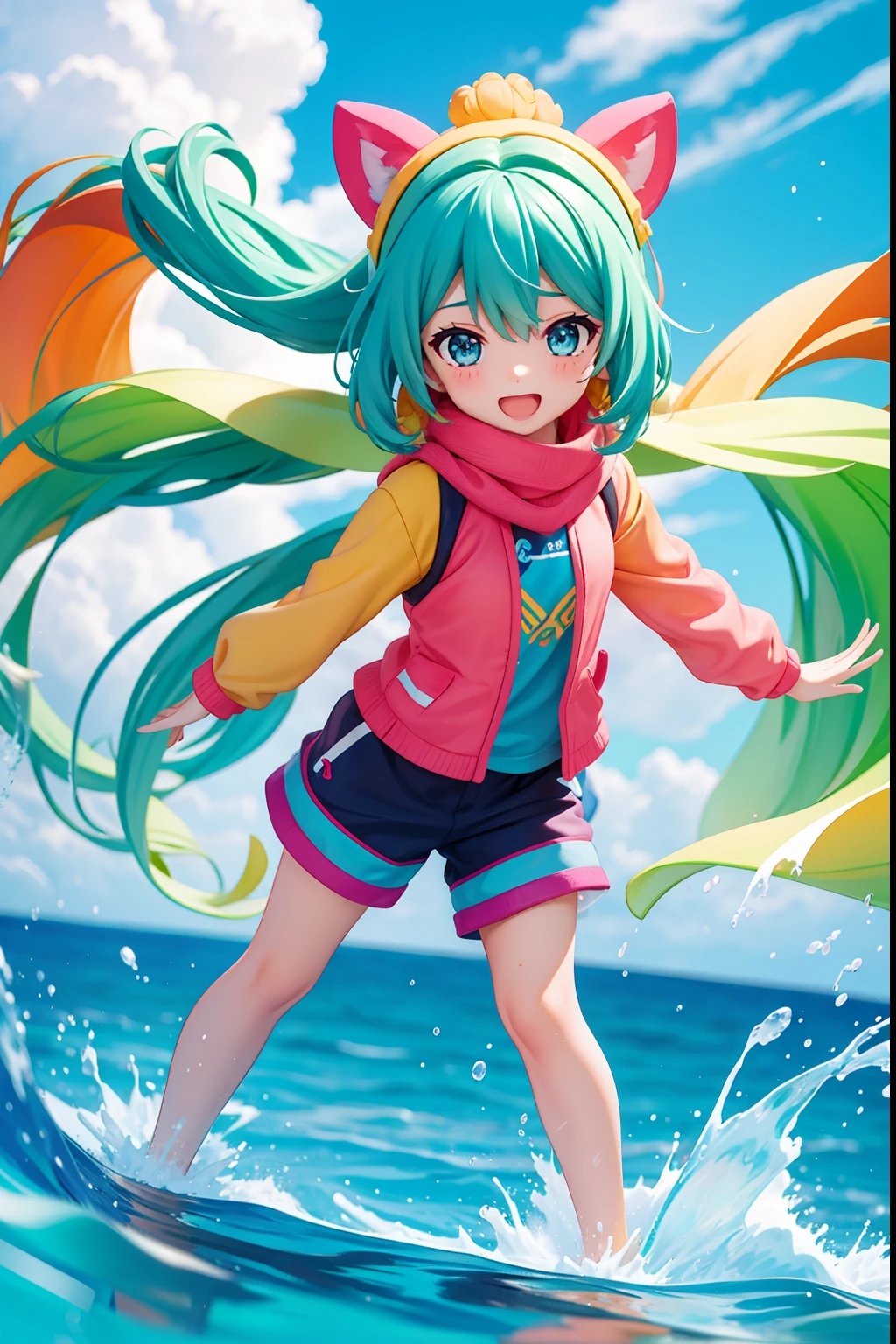 girl character, colorful, vibrant, joyful expression, oversized head, flowing water, water-themed scarf, sporty outfit, playful demeanor, messy hair, small cute eyes, multiple angles