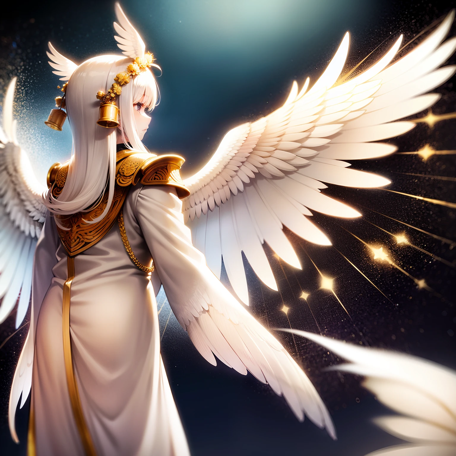 White cloak with spread wings,Like a big bird,It can transcend the cycles of time and space,Decorated with gold ornaments,It is a special form of biological life,Known as immortal like a bird,Big Kimono