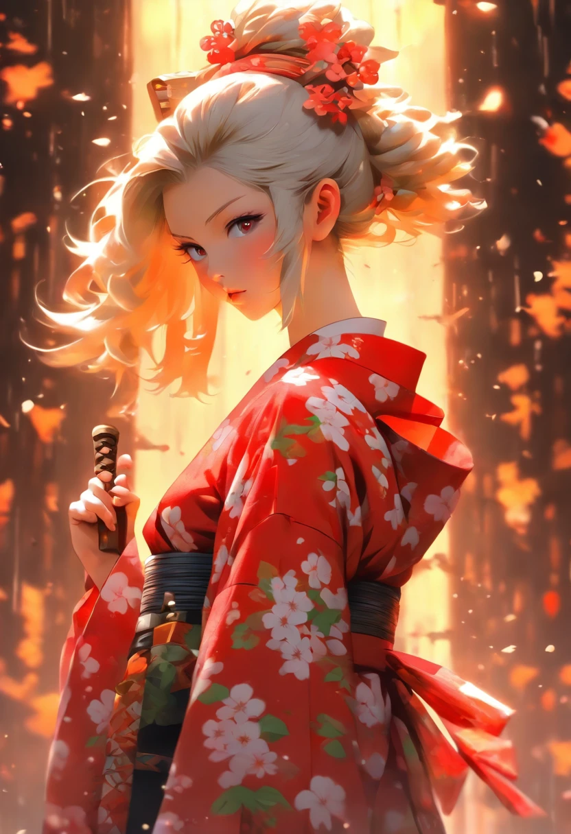 Girl in kimono standing with (Japanese sword:1.3), holding Katana, white medium hair, red eyes, lips, kimono with red mandarin flower pattern on black background, red splash pattern on black background, super high quality, super fine detail, super fine kimono pattern, more_details:-1, more_details:0, more_details:0.5, more_details:1, more_details:1.5,