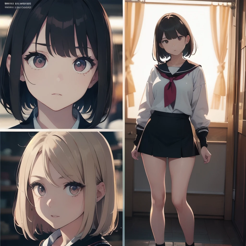 Official art、Best Quality、Unity 8k Wallpapers、32K、masterpiece、ultra-detailliert、超A high resolution、realisitic、Photorealsitic:1.2)、(Cinematic lighting:1.2)、Fireglow effect、film grains、Best Shadows、Rim lighting、side lights、sideshot、(Ultra-detailed and complex 3D rendering)、Detailed beautiful face and eyes、A slender、Medium bust、(Full body:1.2)、 ((In clothing stores))、Highly detailed background、cowboy shot, detailed faces and eyes、beauitful face、blurry backround、16-year-old beautiful girl、shinny skin、short-hair、Beautiful black hair、Blunt bangs、Red Eye、(Katyusha:1.2)、a sailor suit、Mini skirt、Curve、thighs thighs thighs thighs、Watery Big Eyes,Pouting,long eyelasher