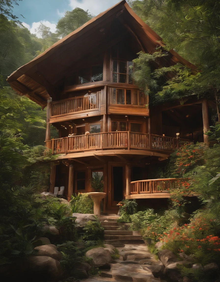 Chalet in the jungle，big breasts beautiful，laid back，There are two floors，There was a sofa，furniture，k hd，high-definition picture quality，Tremendously beautiful，rays of sunshine，the trees，the woods，naturey，Flowers，pools of water，style of anime，Miyazaki painting style，Jeepley style