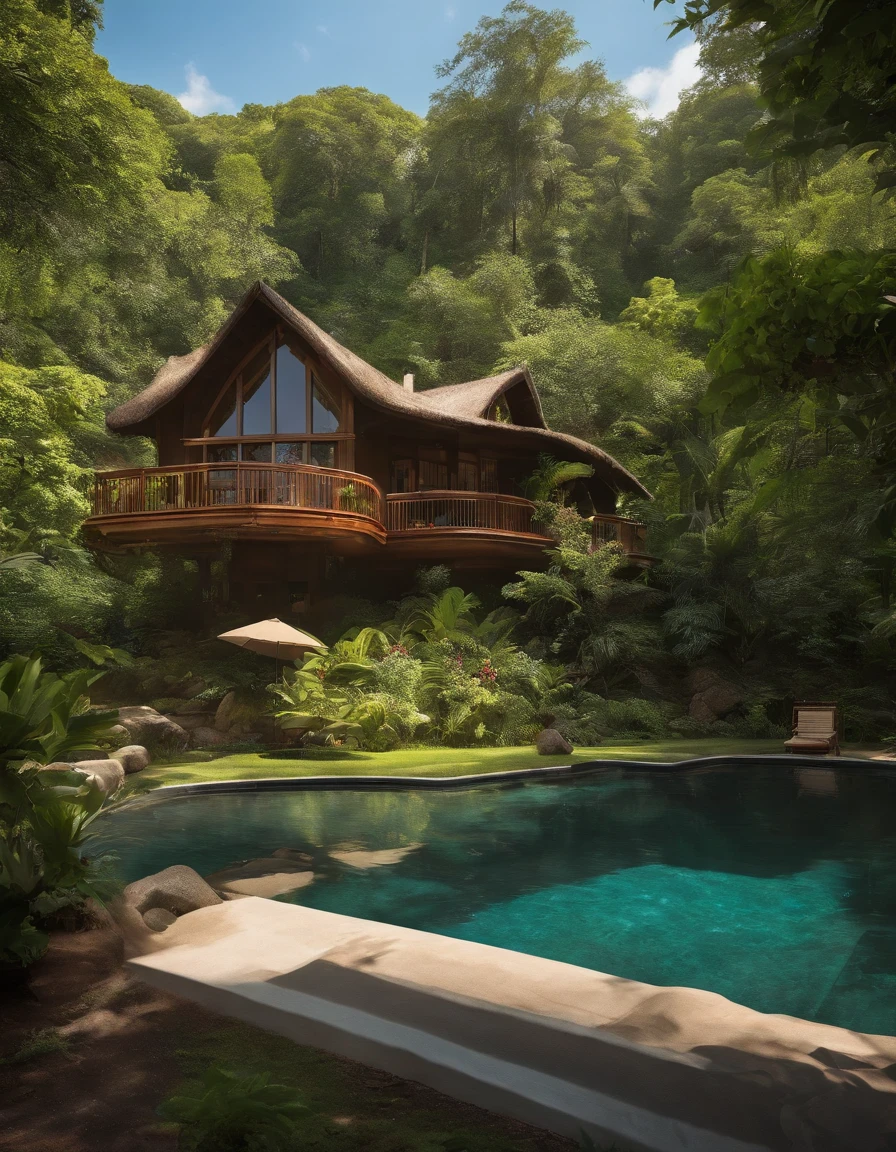 Chalet in the jungle,big breasts beautiful,laid back,There are two floors,There was a sofa,furniture,k hd,high-definition picture quality,Tremendously beautiful,rays of sunshine,the trees,the woods,naturey,Flowers,pools of water,style of anime,Miyazaki painting style,Jeepley style