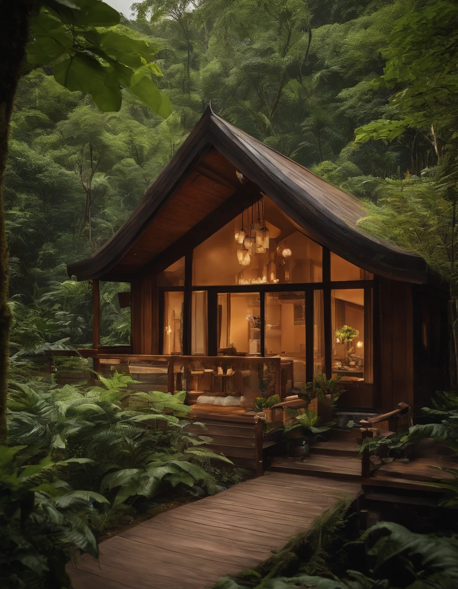 Chalet in the jungle,big breasts beautiful,laid back,There are two floors,There was a sofa,furniture,k hd,high-definition picture quality,Tremendously beautiful,rays of sunshine,the trees,the woods,naturey,Flowers,pools of water,style of anime,Miyazaki painting style,Jeepley style