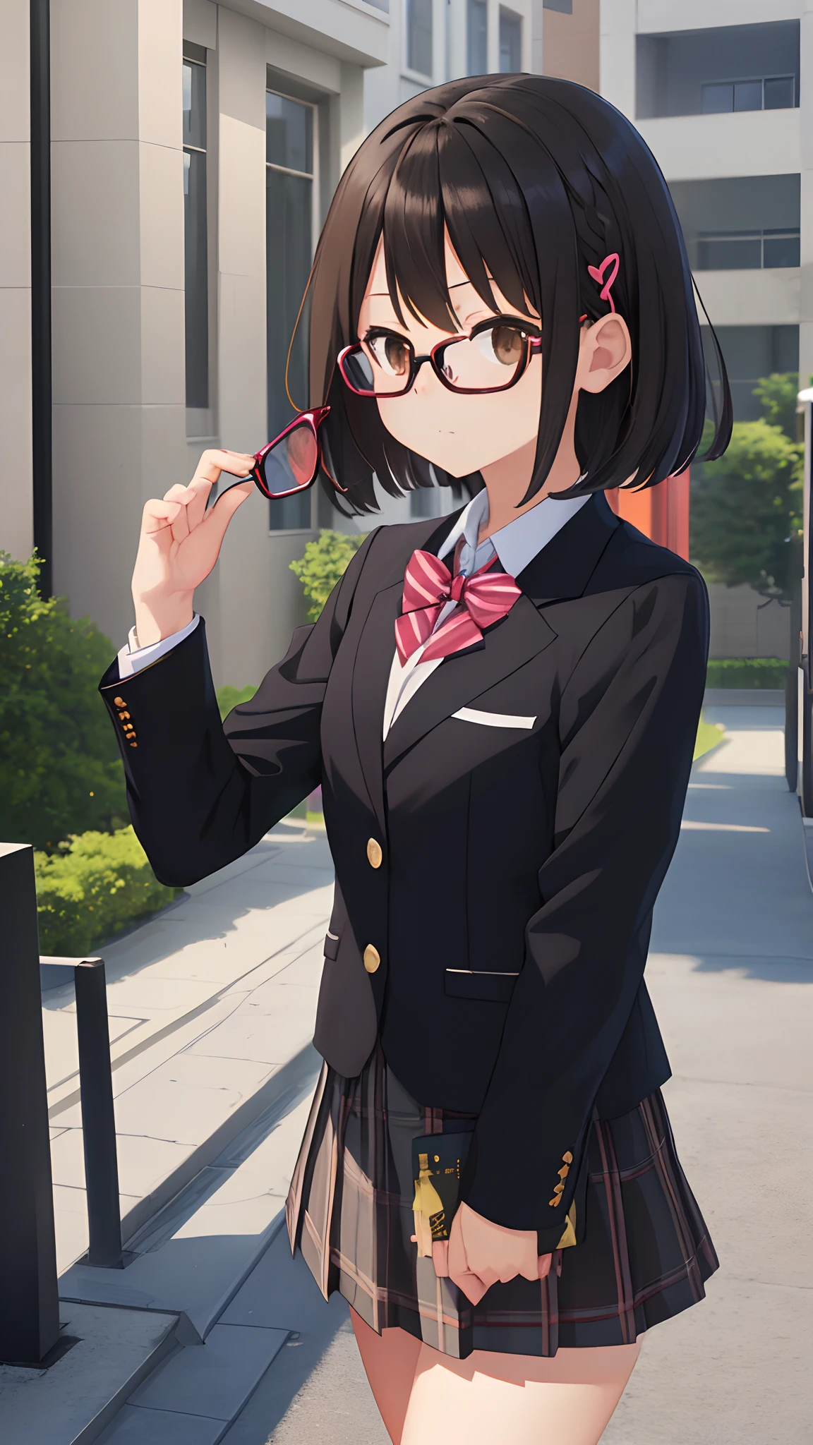 (masutepiece, Best Quality, Capture super cute moments, depth of fields, ultra-detailliert, Ultra High Resolution, C4D, Octadale, 3D Modeling, 8K, 16 K, one girls、a junior high school student、A dark-haired、short-hair、straight haired、Light brown eyes,hair adornments、wearing black glasses、Cute face)、blazers