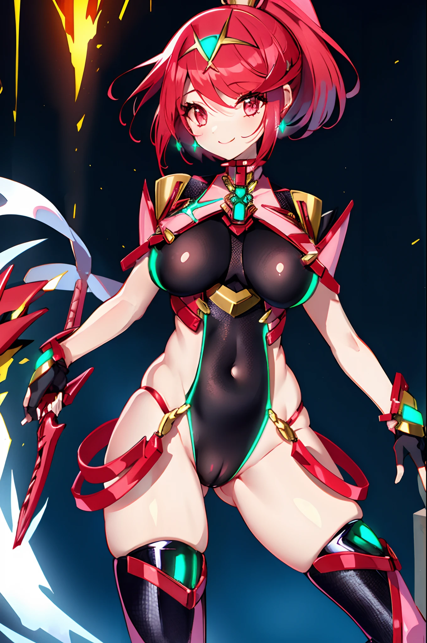 pyra \(xenoblade\), _1girl, lolings, black gloves, breasts, red eyes, shout, earrings, eyelashes, fingerless gloves, floating hair, , gem, gloves, hair ornament, headpiece, jewelry, big_breasts, leaning back, swimsuit, neon trim, official art, pose, red hair, saitou masatsugu, short hair, sidelocks, skin tight, solo, swept bangs, thighhighs, tiara, fantasy_town_background, underbust, xenoblade chronicles \(series\), (xenoblade chronicles 2), (spread_legs:1.1), fire_effect,dynamic_pose,fighting,light_smile, (plump:1.1), big_ass,huge_sword, hold_large_sword_hilt, covered_nipples, covered_pussy,back_view, fists,ponytail,beautiful_fingers,(solo:1.1), bare_shoulder,(shoulder_naked:1.2)
