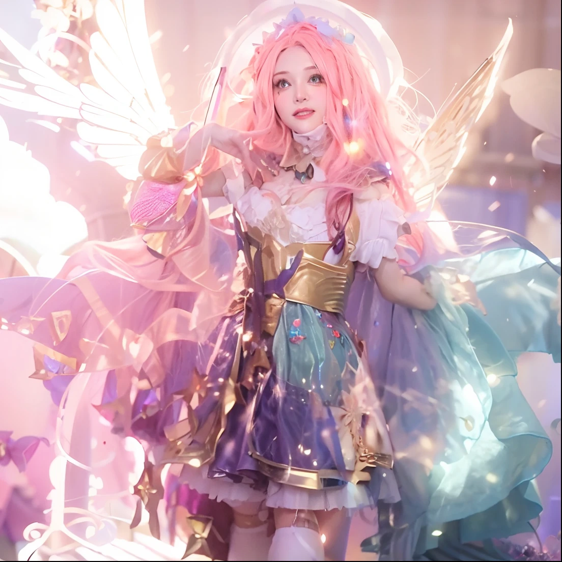 there is a woman dressed in a fairy costume holding a sword, fairycore, belle delphine, seraphine ahri kda, anime cosplay, ornate cosplay, glamourous cosplay, anime girl cosplay, jessica nigri, alice from alice in wonder land, fantasy photoshoot, cosplayer, sakimichan frank franzzeta, angelic pretty, fairy, cosplay photo