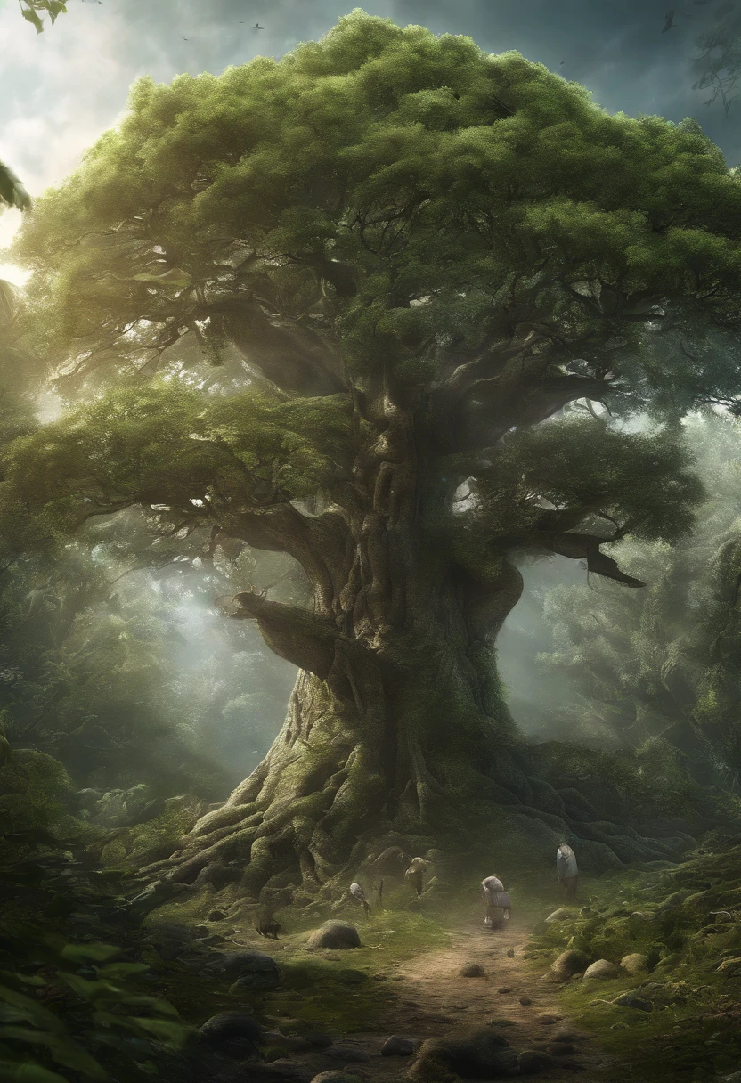 (((obra-prima))), melhor qualidade, illustration,
A mystical forest with giant trees and magical beings hidden among the branches, 8k, alta qualidade, outer space, Papel_cortar,
