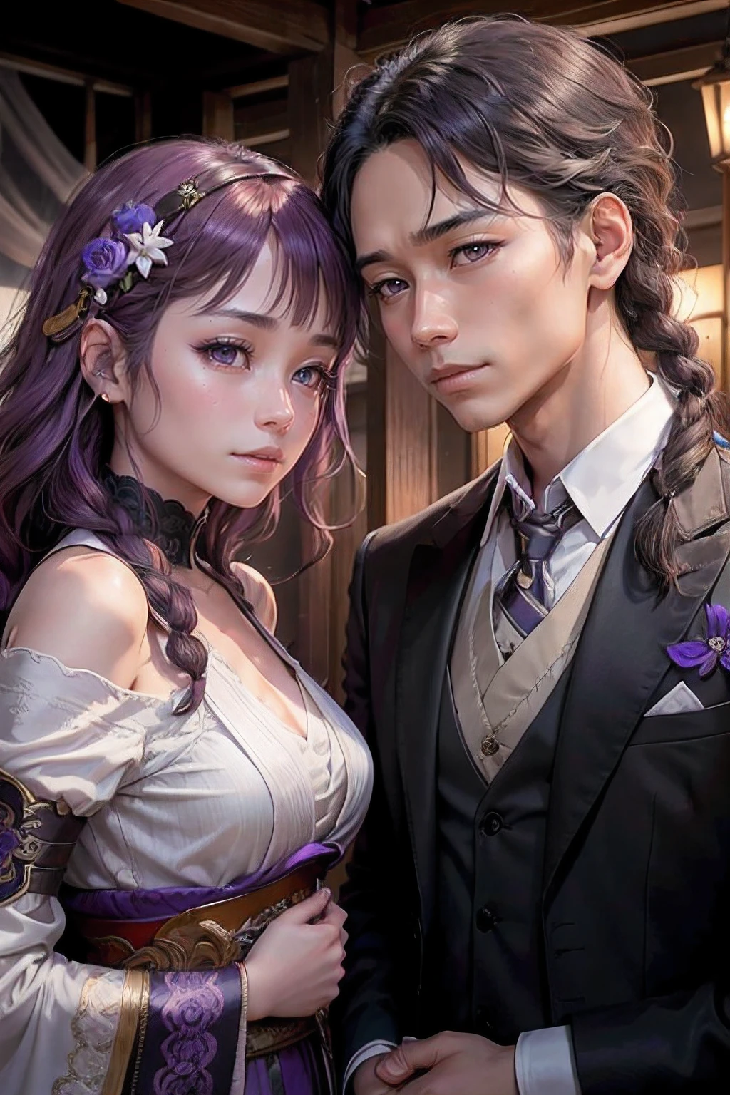 (1girl, purple eyes,braided hair), (1boy, brown eyes) kazuhiro1, raidenshogundef, in center, happy, masterpiece, highest picture quality, a couple, a man and a woman are getting married, men's black suits, women's purple wedding dresses, flowers, gorgeous background, handsome boys, beautiful girls, girls show delicate collarbones, two people look at each other,