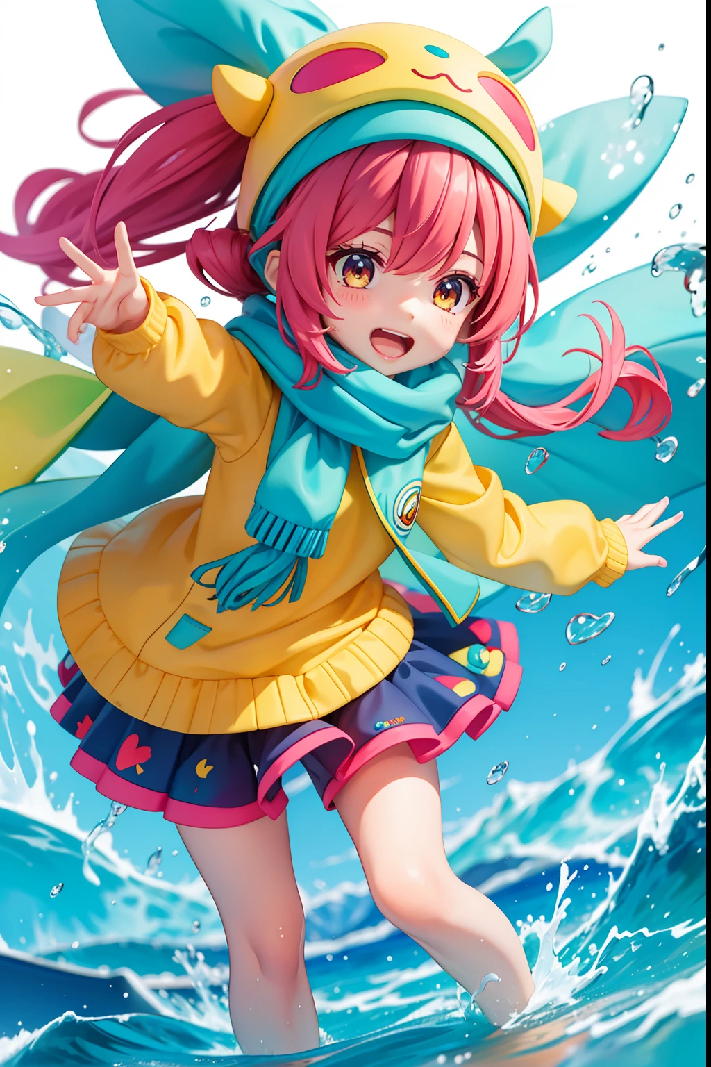 girl character, colorful, vibrant, joyful expression, oversized head, flowing water, water-themed scarf, sporty outfit, playful demeanor, messy hair, small cute eyes, multiple angles