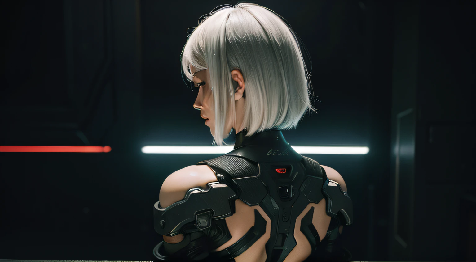sexy cyborg woman posing for a picture, white hair and perfect body, dark cyberpunk bakground, night lights, photo from behind, ultra detailed, hyper realistic, best quality, masterpiece.