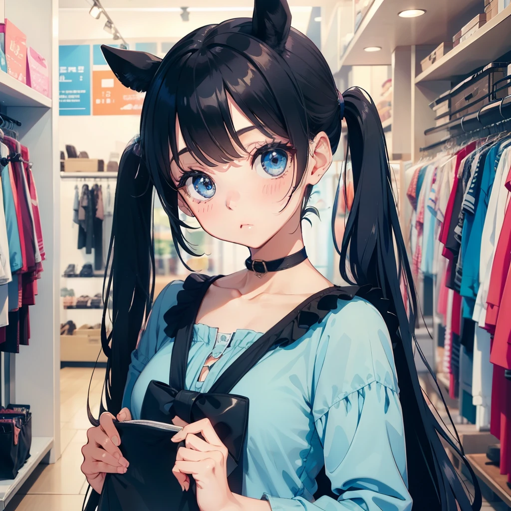 1 beauty，Watery Big Eyes，Pouting，long eyelasher，falda corta，horse tails，Blushlush，In clothing stores，