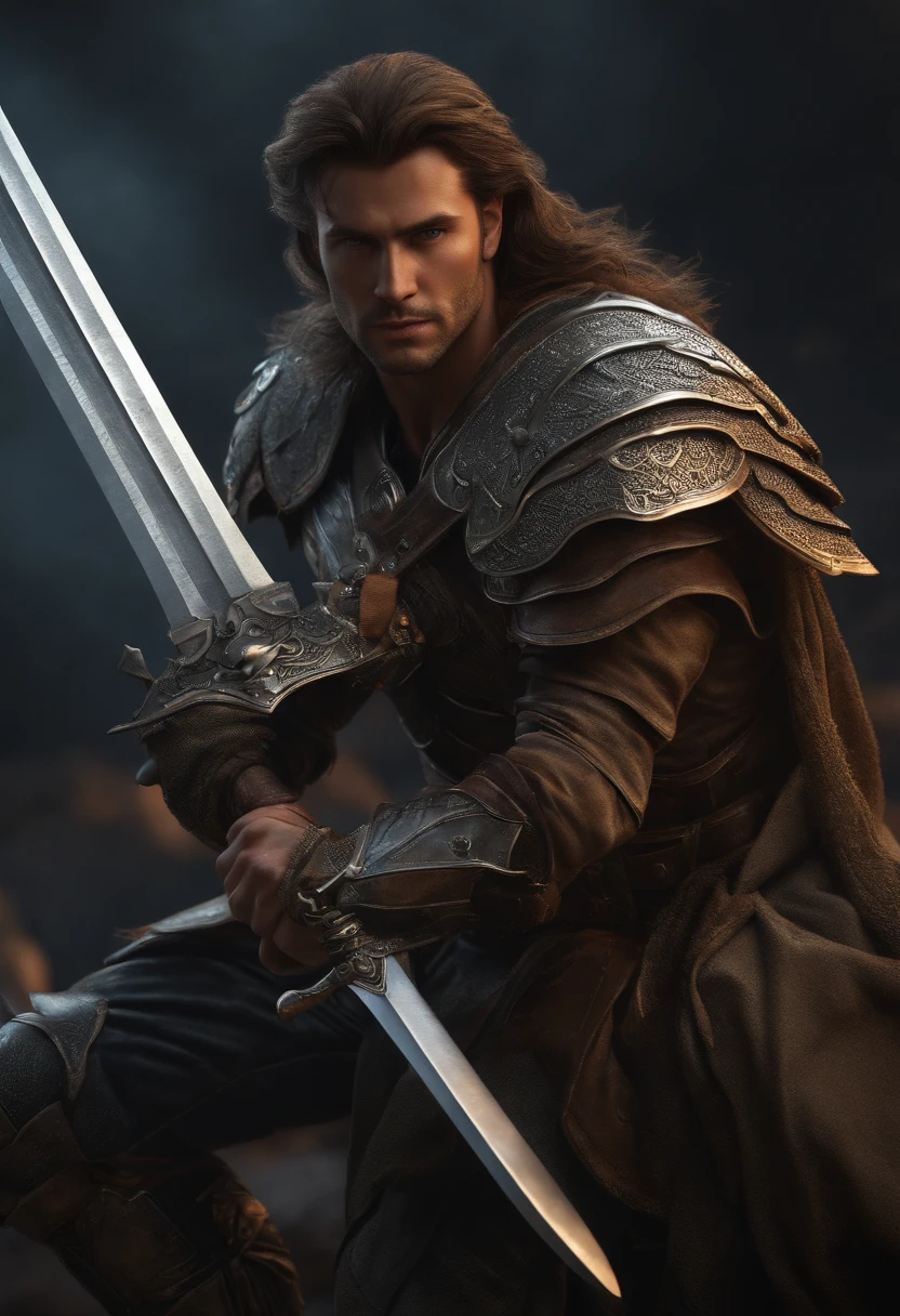 (best quality,4k,8k,highres,masterpiece:1.2),ultra-detailed,(realistic,photorealistic,photo-realistic:1.37),man holding a sword, modern, tall, strong, messy hair, detailed armor, intense gaze, muscular, heroic pose, futuristic, glowing sword, dramatic lighting