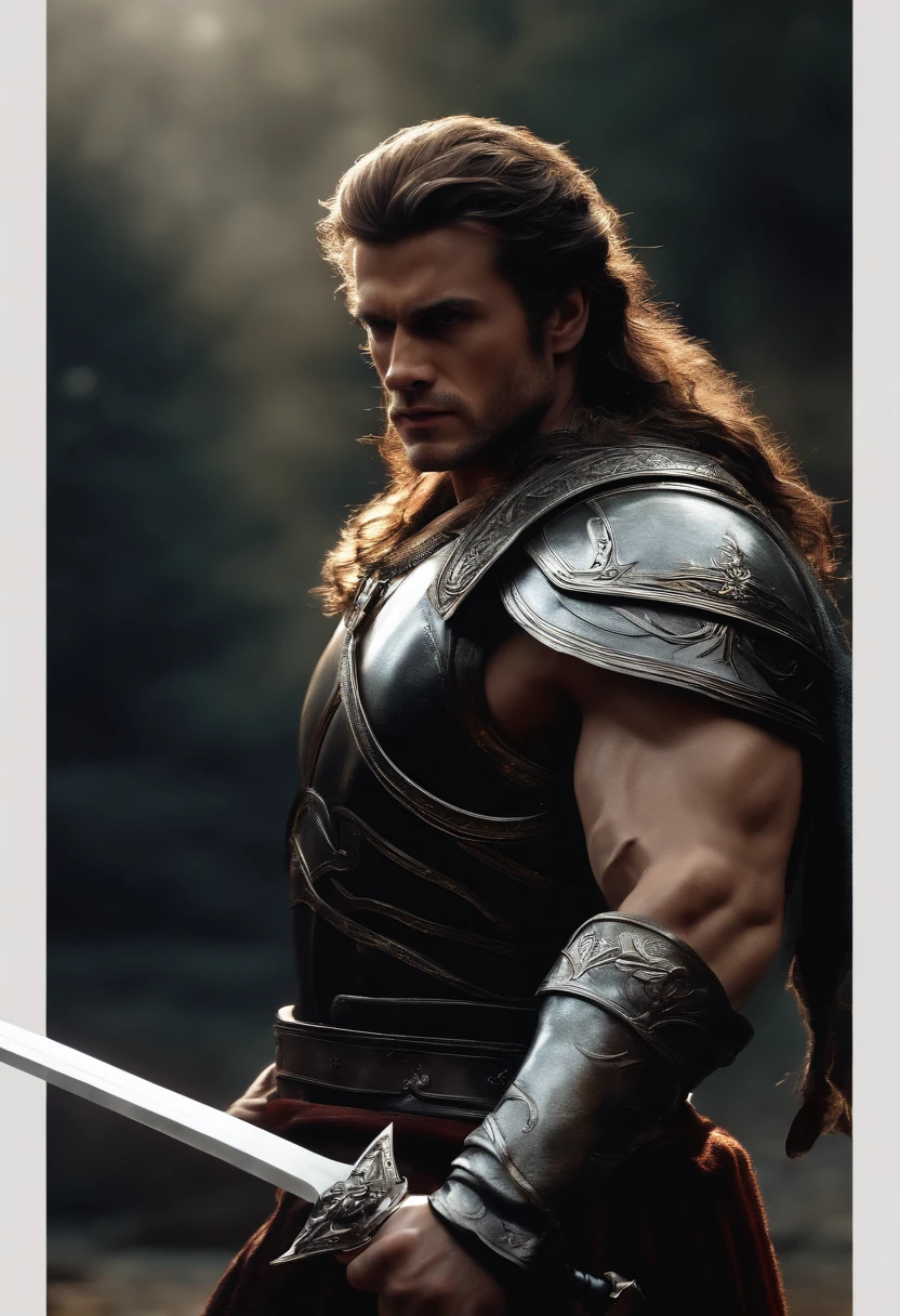 (best quality,4k,8k,highres,masterpiece:1.2),ultra-detailed,(realistic,photorealistic,photo-realistic:1.37),man holding a sword, modern, tall, strong, messy hair, detailed armor, intense gaze, muscular, heroic pose, futuristic, glowing sword, dramatic lighting