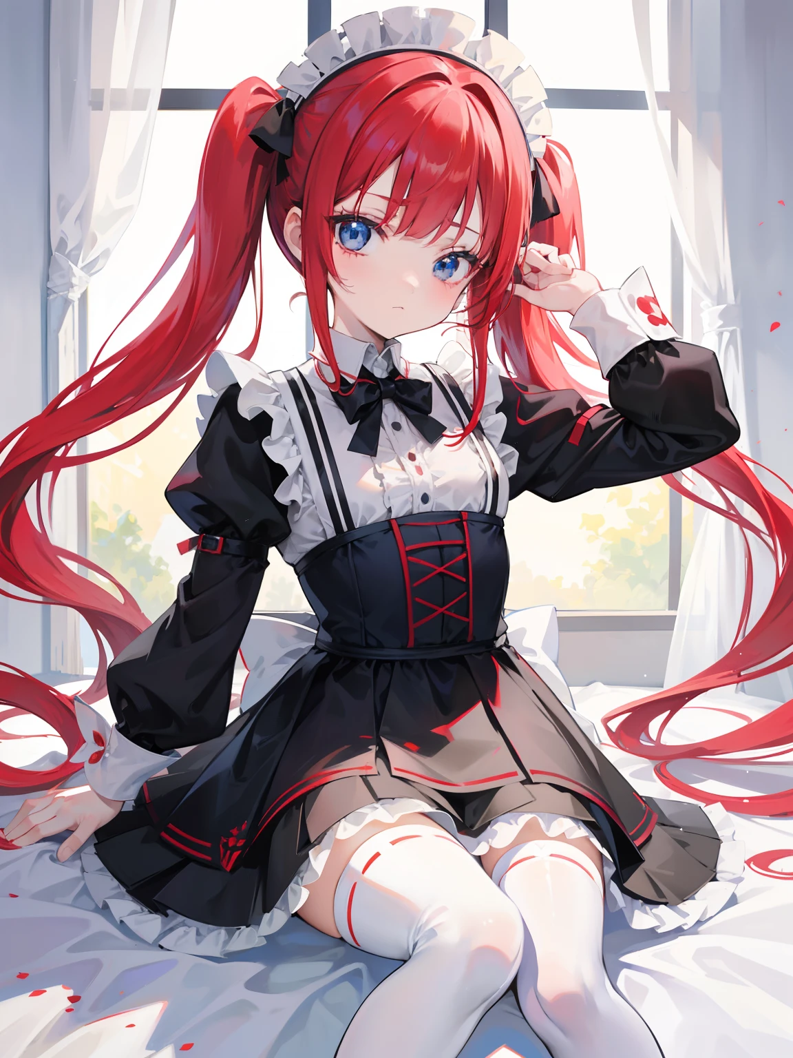 red hair,blue eyes,twintails,maid, long hair, long sleeves, gothic, solo, loli,Short skirt, white stockings,{{best quality}}, {{masterpiece}}, {{ultra-detailed}}, {illustration}, {detailed light}, {an extremely delicate and beautiful},little girl,cute,