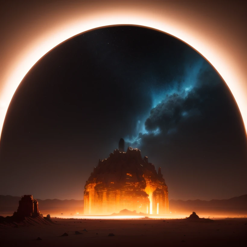 Alien base (Very detailed) In the mountainous desert,There are several exhaust fans and chimneys, Some spotlights come out of the base to illuminate dark places, (Extreme nights), Some clouds in the night sky, Some of the surrounding planets provide air to unknown planets,The farthest giant volcano is erupting