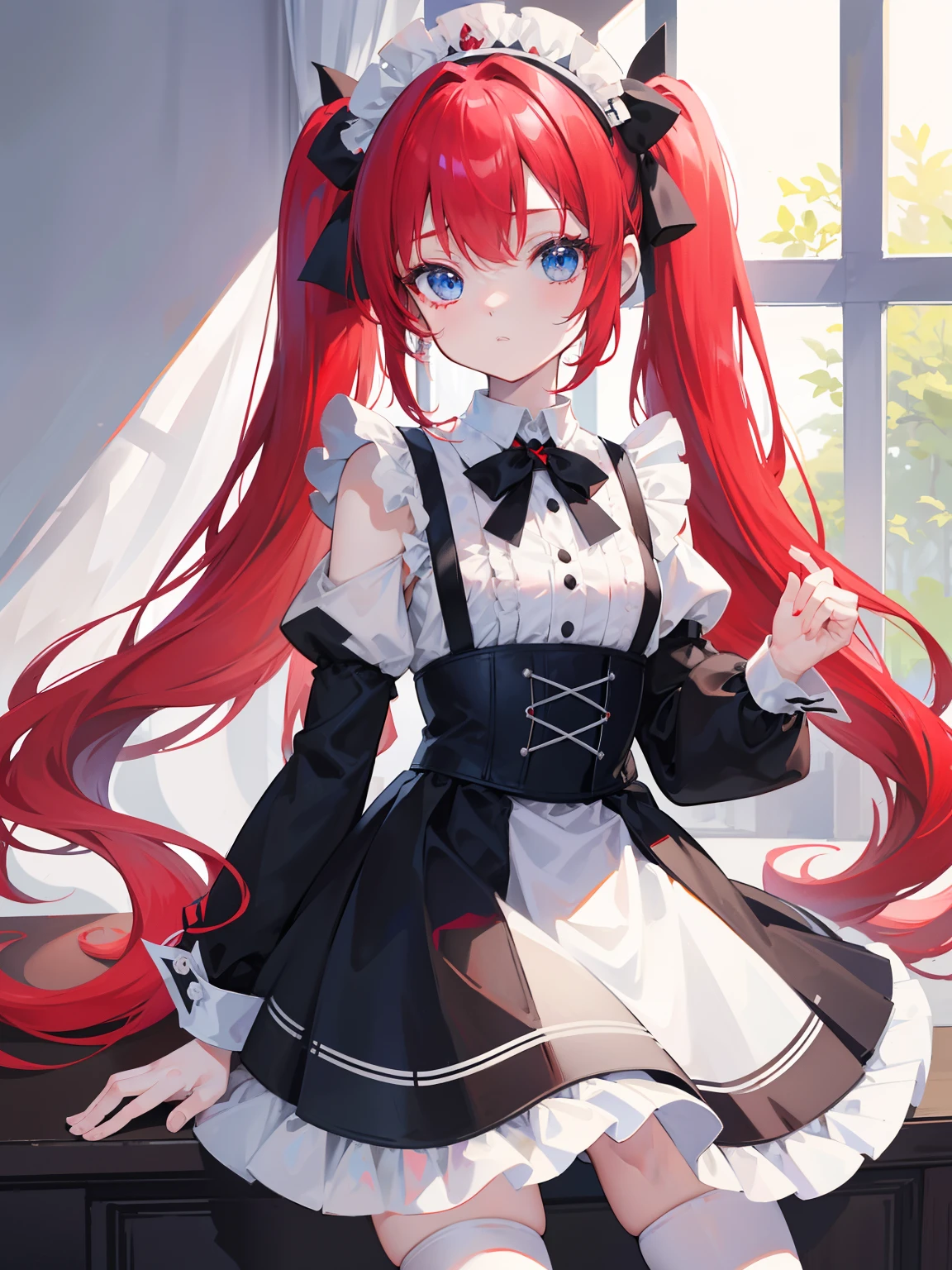 red hair,blue eyes,twintails,maid, long hair, long sleeves, gothic, solo, ,Short skirt, white stockings,{{best quality}}, {{masterpiece}}, {{ultra-detailed}}, {illustration}, {detailed light}, {an extremely delicate and beautiful},litte,