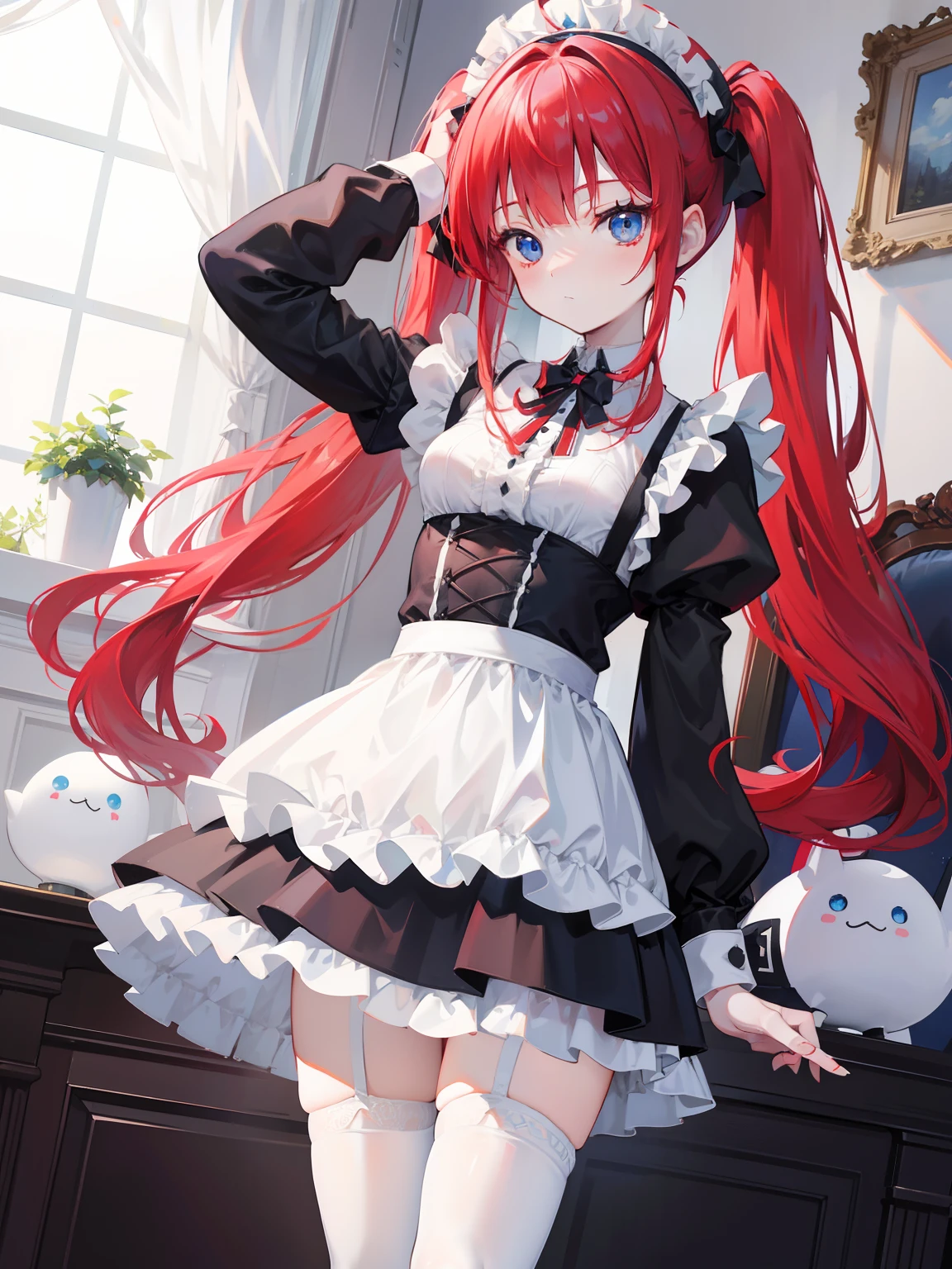 red hair,blue eyes,twintails,maid, long hair, long sleeves, gothic, solo, loli,Short skirt, white stockings,{{best quality}}, {{masterpiece}}, {{ultra-detailed}}, {illustration}, {detailed light}, {an extremely delicate and beautiful}, girl,cute,