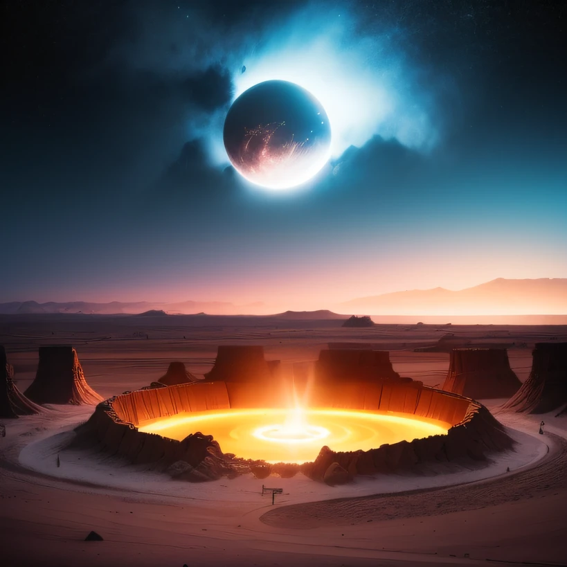 Alien base (Very detailed) In the mountainous desert,There are several exhaust fans and chimneys, Some spotlights come out of the base to illuminate dark places, (Extreme nights), Some clouds in the night sky, Some of the surrounding planets provide air to unknown planets,The farthest giant volcano is erupting