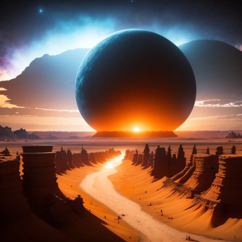 Alien base (Very detailed) In the mountainous desert，There are several exhaust fans and chimneys, Some spotlights come out of the base to illuminate dark places, (Extreme nights), Some clouds in the night sky, Some of the surrounding planets provide air to unknown planets，The farthest giant volcano is erupting