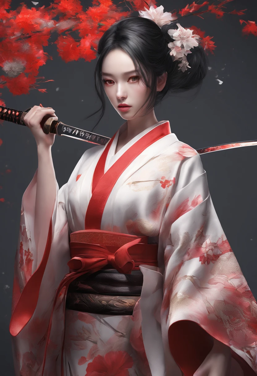 Girl in kimono standing (Japanese Sword:1.3), holding katana, White medium hair, Red Eyes, Lips, Red tangerine floral kimono isolated on black background, Red splash pattern on black background, ultra-quality, Superfine Detail, Ultra-fine kimono pattern, more_Details:-1, more_Details:0, more_Details:0.5, more_Details:1, more_Details:1.5,