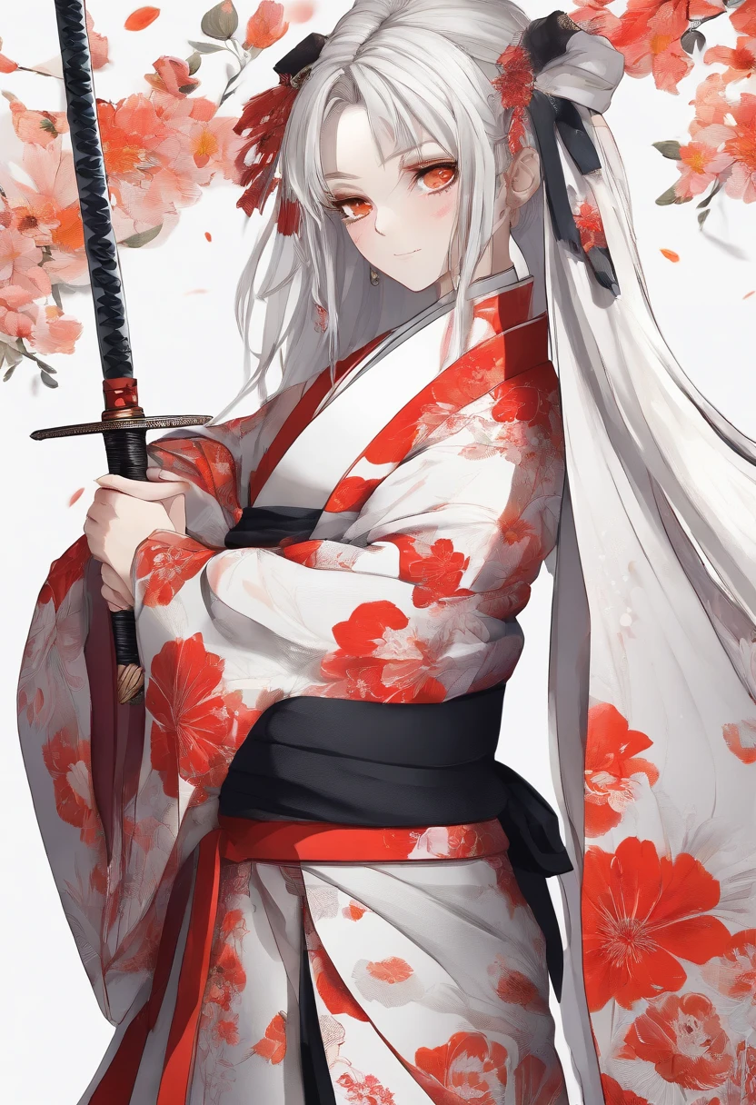 Girl in kimono standing (Japanese Sword:1.3), holding katana, White medium hair, Red Eyes, Lips, Red tangerine floral kimono isolated on black background, Red splash pattern on black background, ultra-quality, Superfine Detail, Ultra-fine kimono pattern, more_Details:-1, more_Details:0, more_Details:0.5, more_Details:1, more_Details:1.5,