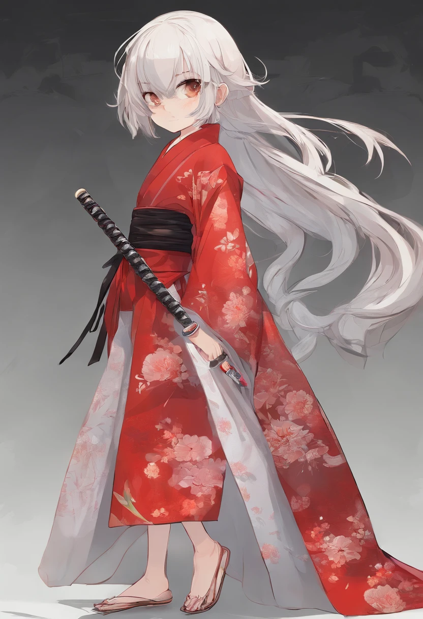 Girl in kimono standing (Japanese Sword:1.3), holding katana, White medium hair, Red Eyes, Lips, Red tangerine floral kimono isolated on black background, Red splash pattern on black background, ultra-quality, Superfine Detail, Ultra-fine kimono pattern, more_Details:-1, more_Details:0, more_Details:0.5, more_Details:1, more_Details:1.5,