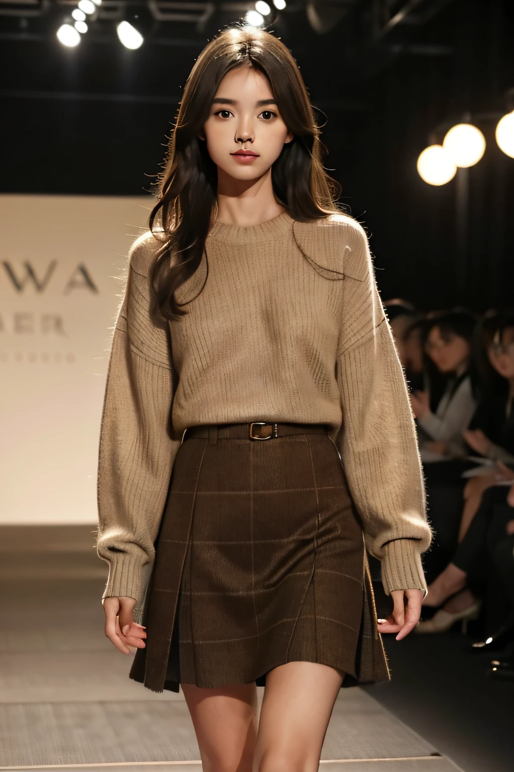 1girll,On the catwalk，Wearing a brown tweed dress，The skirt is lace，The texture of the sweater is clear，The sweater texture is very clear，The texture of the sweater is visible to the naked eye