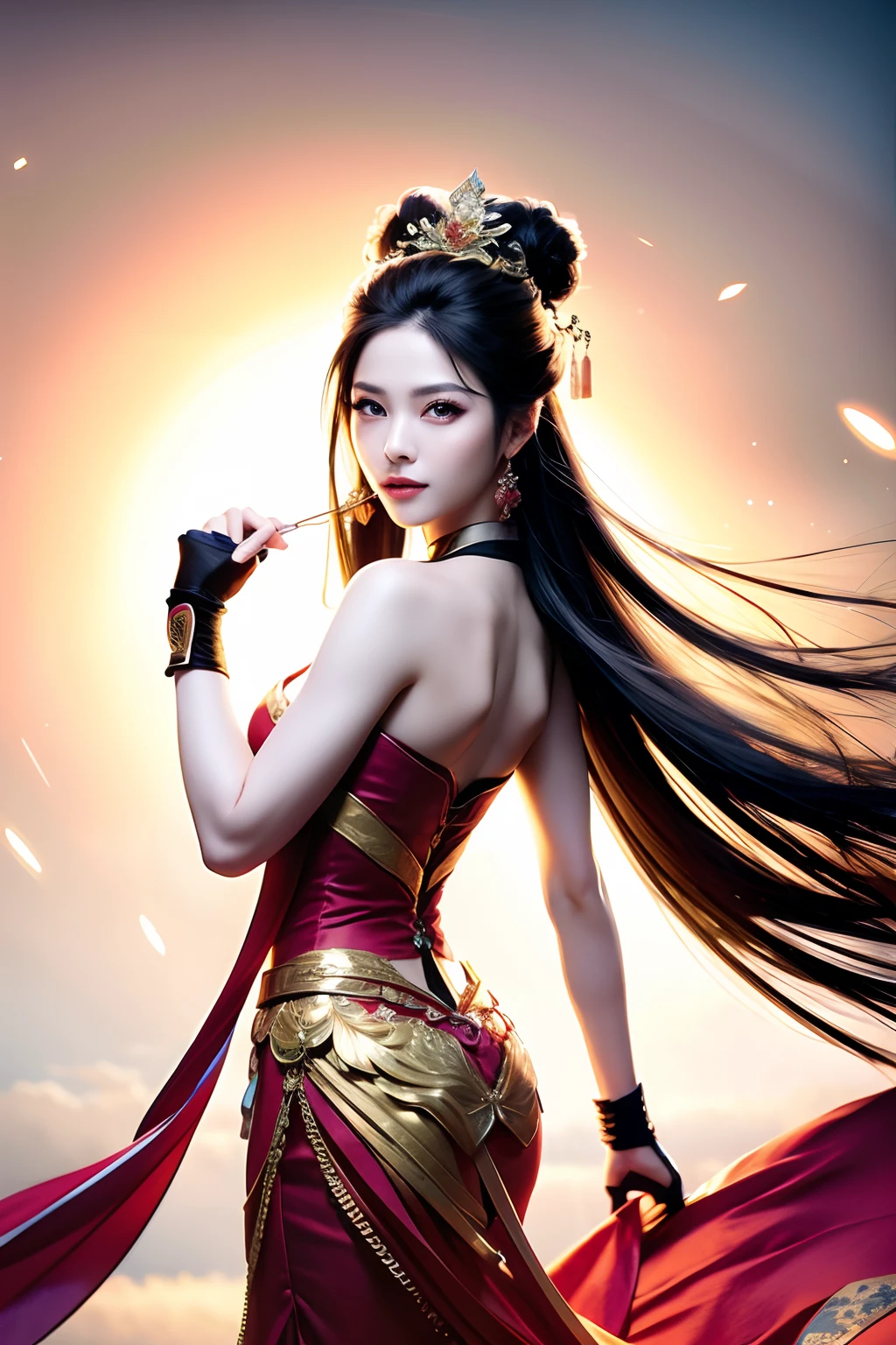 A woman in a red and gold Chinese dress，Phoenix crown，a chinese wedding，（tmasterpiece，top Quority，best qualtiy，offcial art，Beauty and aesthetics：1.2），（1girll：1.3），The is very detailed，（s fractal art：1.1），Most detailed，（ zentangle:1.2), full bodyesbian, (abstract backgrounds:1.3), (Shiny skin), (many color:1.4), ,(Earrings), (feater:1.5),