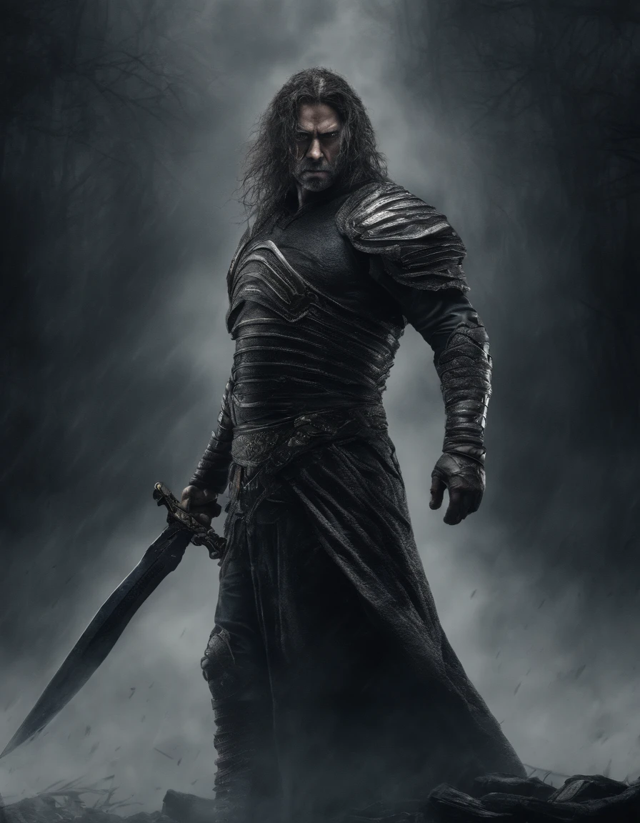 (best quality,4k,8k,highres,masterpiece:1.2),ultra-detailed,(realistic,photorealistic,photo-realistic:1.37),man holding a sword, modern, tall, strong, messy hair, detailed armor, intense gaze, muscular, heroic pose, futuristic, glowing sword, dramatic lighting
