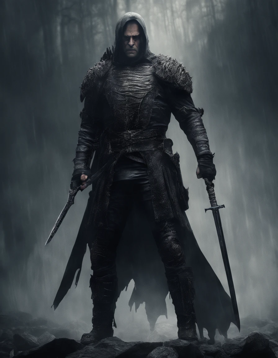 (best quality,4k,8k,highres,masterpiece:1.2),ultra-detailed,(realistic,photorealistic,photo-realistic:1.37),man holding a sword, modern, tall, strong, messy hair, detailed armor, intense gaze, muscular, heroic pose, futuristic, glowing sword, dramatic lighting