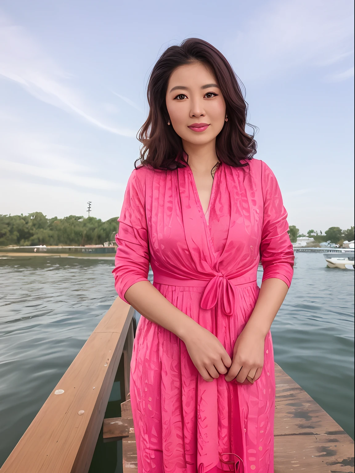 Arad woman in pink dress standing on a dock by the water, xue han, xintong chen, wenfei ye, Zhang Wanting, cover photo portrait of du juan, Chinese woman, song nan li, queen of the sea mu yanling, xiaolong wang, Zhang Pengzhen, yuxiang chen, An Asian woman, Wu Liu