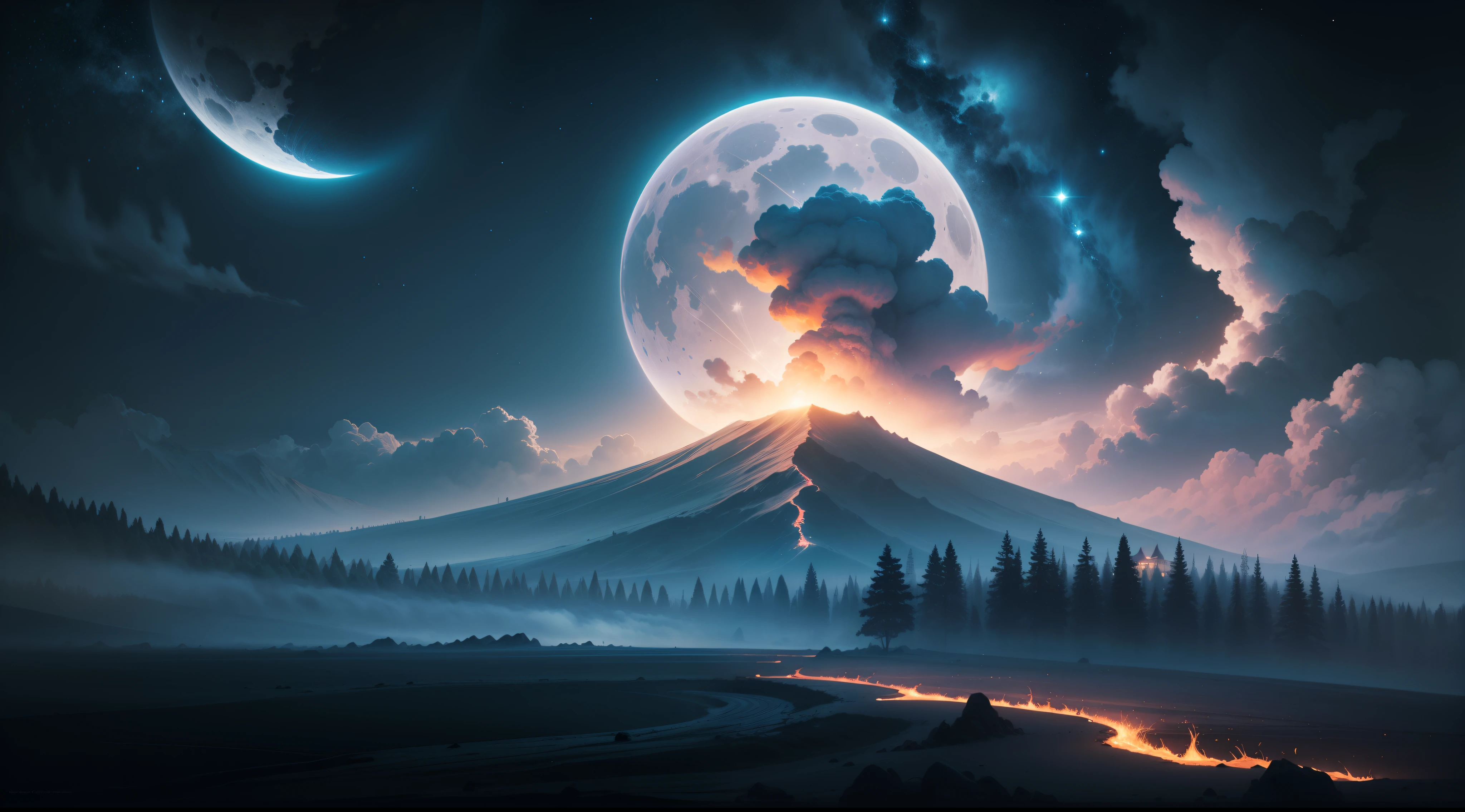 (magicle world, landscape, misteryous, , surrealism, masterpiece),(lava),magicle, crisp,,stars, cosmos, high details, artistic, contrast,shadows, gorgeous, old, cinematic, high details, BREAK  velocity, moon on sky,  gorgeous,, perfect, depth, windy, happy, freedom, magicle, impossible, traced lights, wallpaper