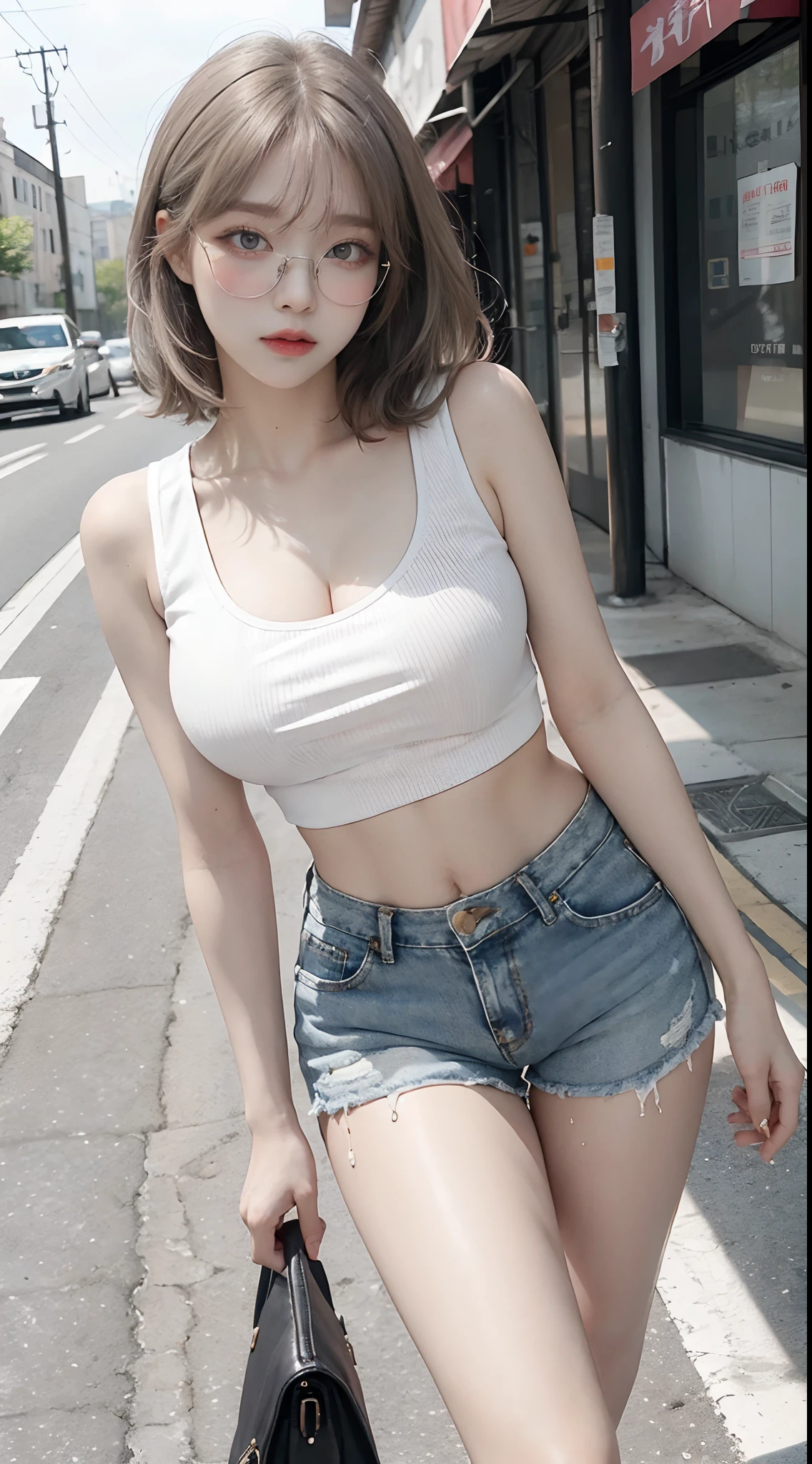 Top image quality、Raw photography、超A high resolution、18-year-old Korean、Glasses beauty、Colossal tits:1.5、cleavage of the breast:1.5、fair white skin、shiny white skin、(short bobbed hair)、((Light brown silver hair))、Beautiful eyes with random colors、very thin lips、beautiful eyes finely detailed、elongated eyes、pale pink blush、long eyeslashes、Beautiful double eyelids、eyeshadows、耳Nipple Ring、(Fashionable glasses、White tight tank top、denim short pants、Beautiful legs、Attractive thighs)、street snap