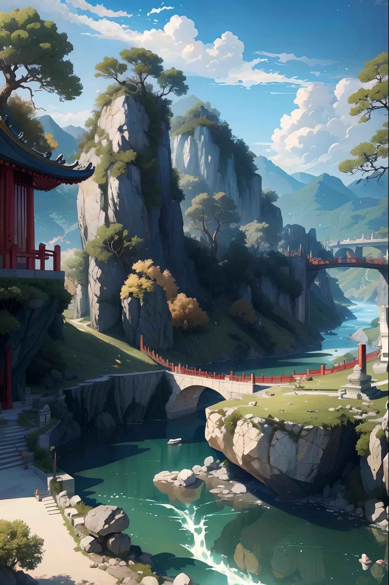 Ancient Chinese scenery, mountains, rivers, auspicious clouds, sunshine, masterpieces, super detail, epic composition, ultra HD, high quality, extremely detailed, official art, unified 8k wallpaper, Super detail, 32k -- v 6