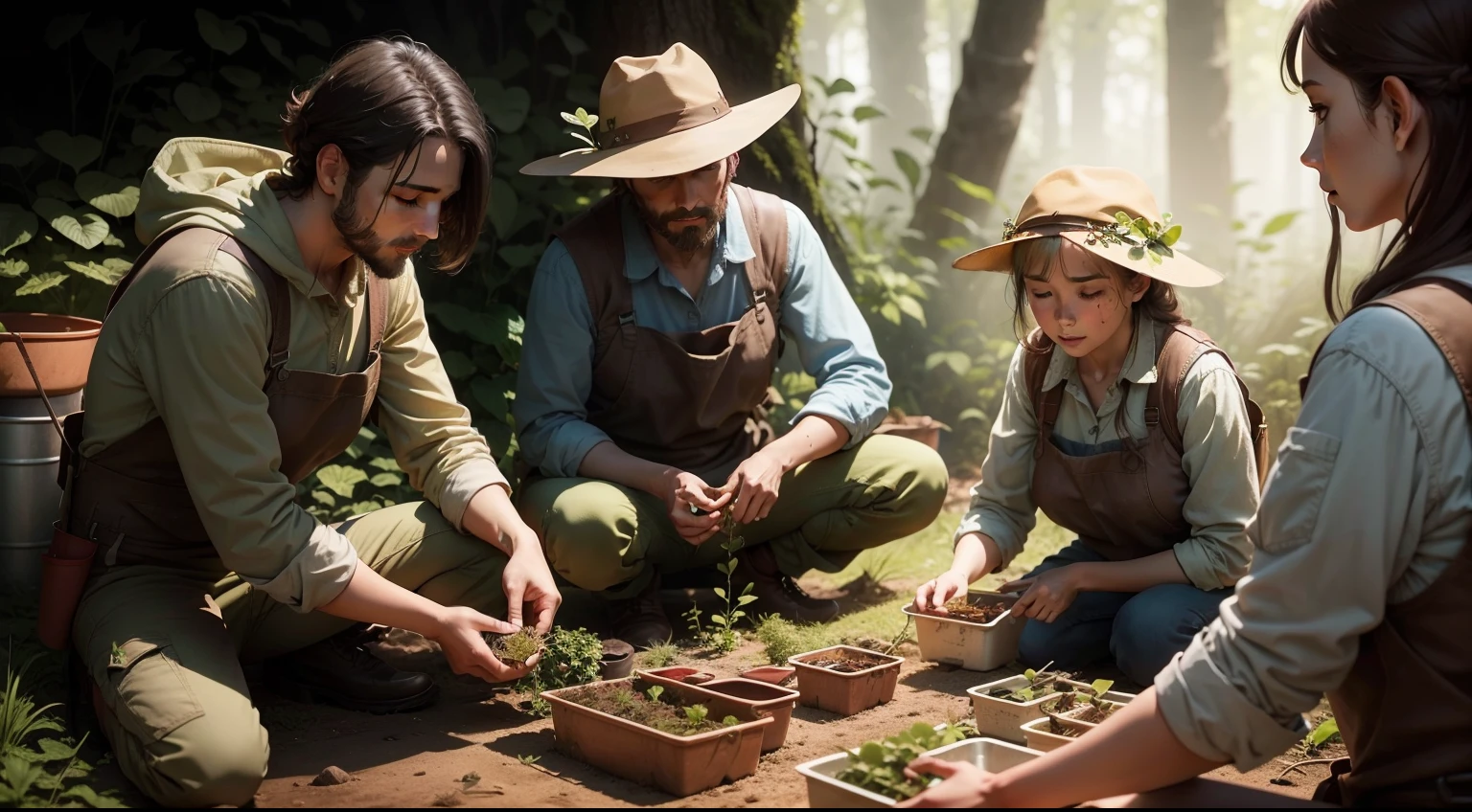 Survival gardening: an illustration of a group collecting wild food. The scene should show the group growing their own food as a key skill. O estilo deve ser corajoso, with warm lighting and soft colors. O foco deve ser o solo, Better details on faces and hands;
