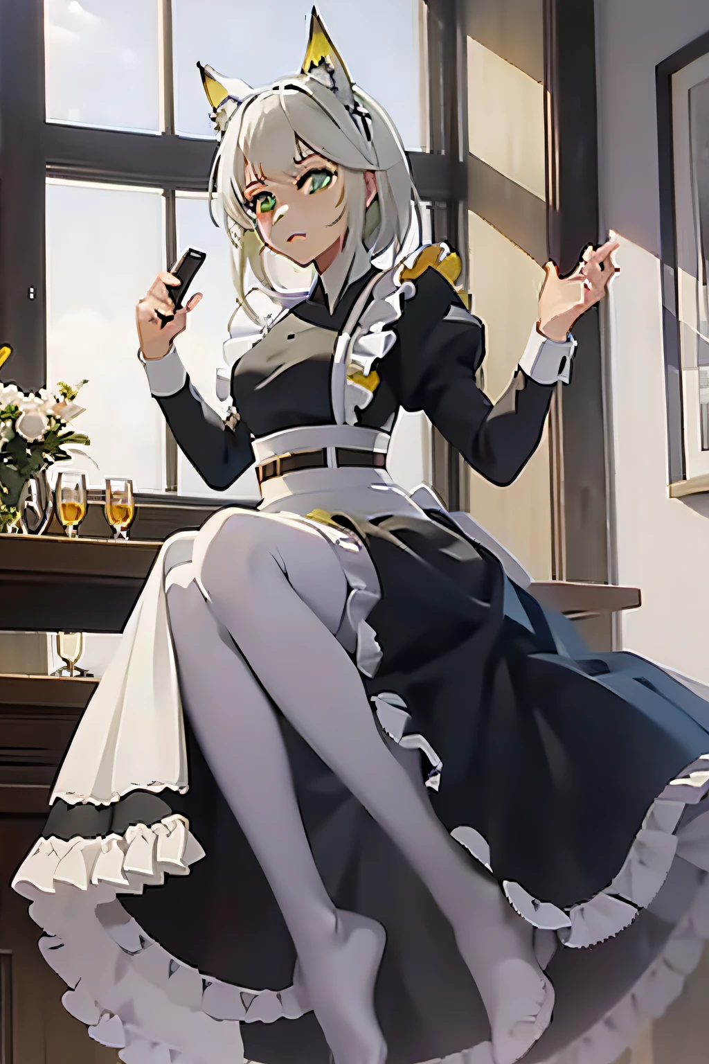 the maid outfit，White stockings，Feet to the camera