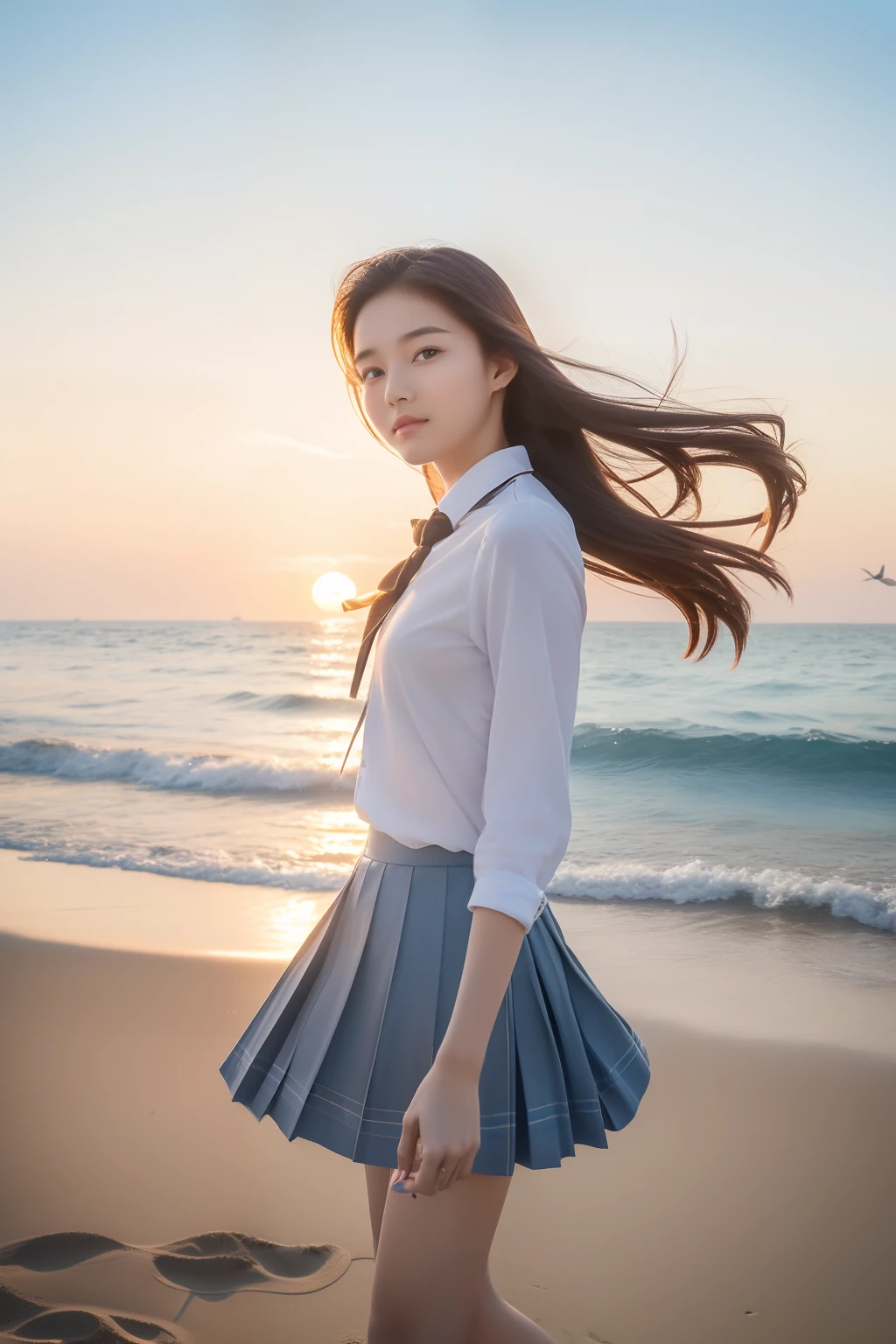 (top-quality、8K、32K、masterpiece)Beautuful Women、in school uniform、Sunset,sea side、Hair fluttering in the wind、Walking along the sandy beach