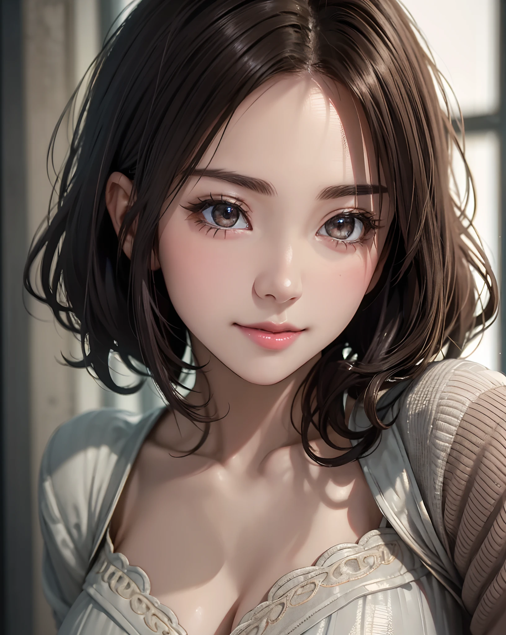 Night, RAW Photography, (((Very Beautiful Portrait))), (Very Beautiful Portrait))), 1 Girl, Sexy 25 Year Old Girl, ((Natural Brown Hair with Short Cuts)), [Brown Eyes],Gentle Smile Staring at the Camera(cleavage), ((Masterpiece, Best Quality, Ultra Detail, Cinematic Lights, Intricate Detail, High Definition, 8k, Very Detailed)), Detail Background, 8k UHD, DSLR, soft lighting, high quality, film grain, fujifilm XT3, shallow depth of field, natural light, perfect face