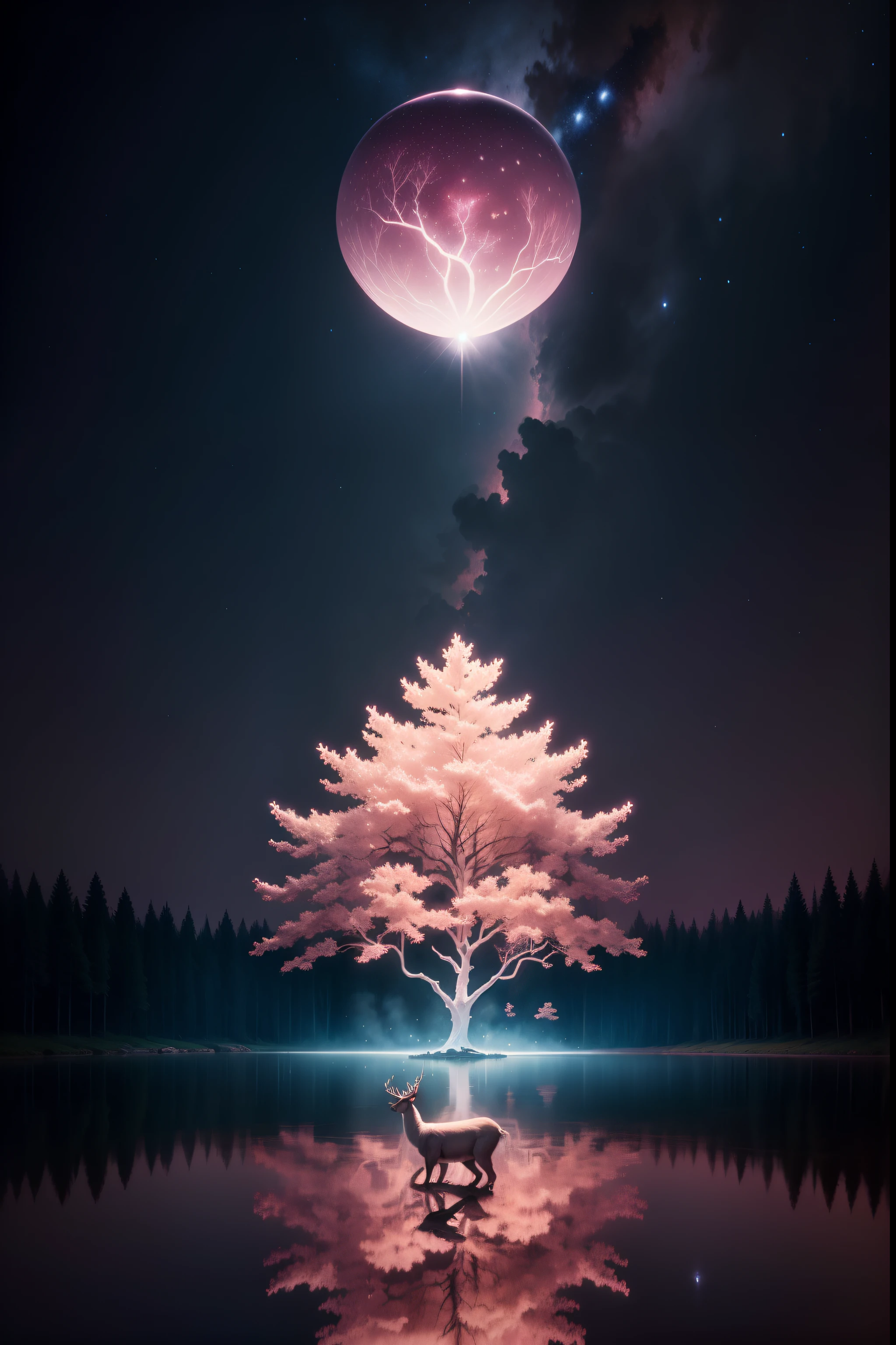 Pink forest, White deer drinking water, Fantastic spherical building in the air, Beautiful starry sky, wide shot, wide shot, chiaroscuro, atmospheric perspective, UHD, masterpiece