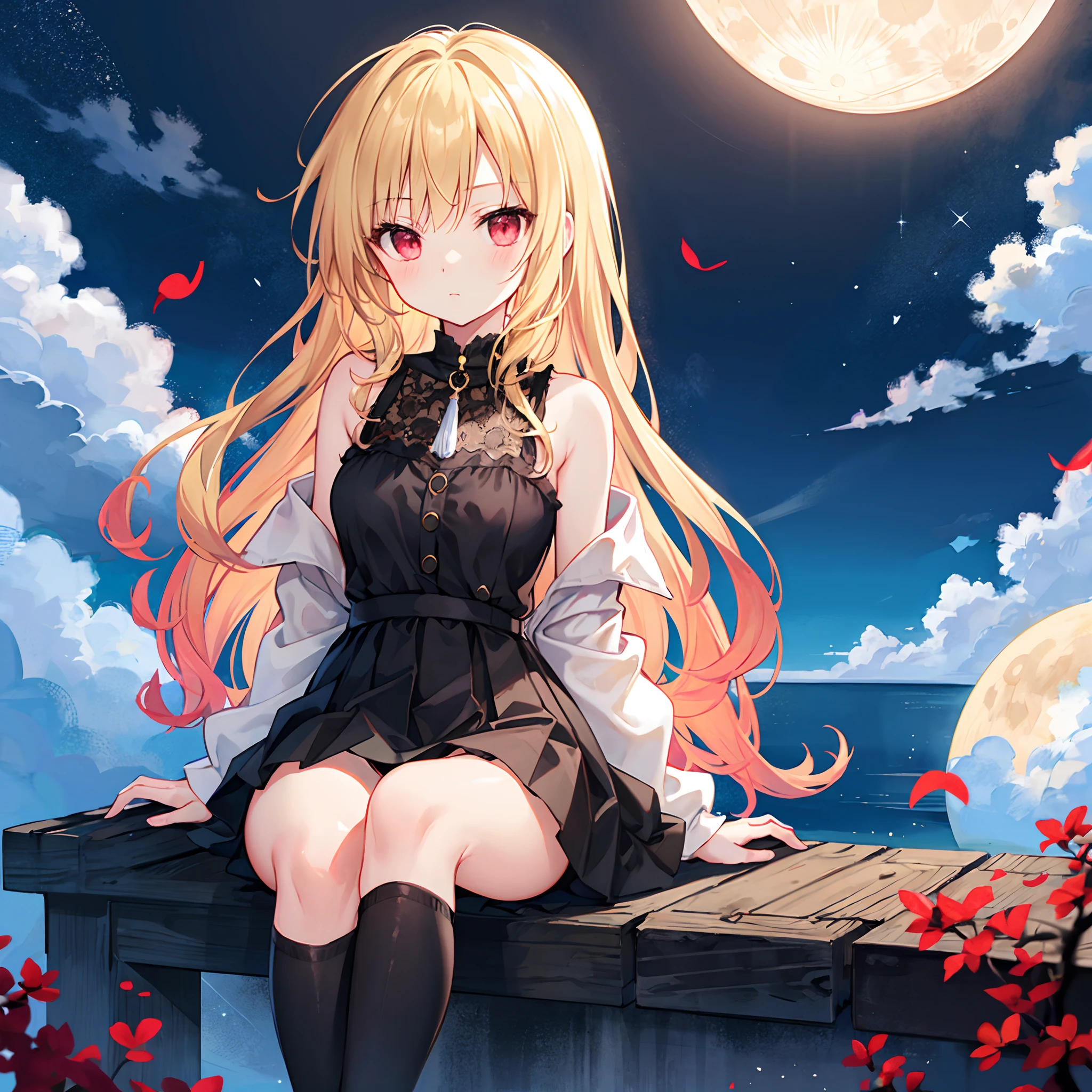 Wavy blonde、red eyes、Beautiful girl alone、Black fluffy dress、off shoulders、a miniskirt、Black tights、sitting on、a moon、Black panties are slightly visible