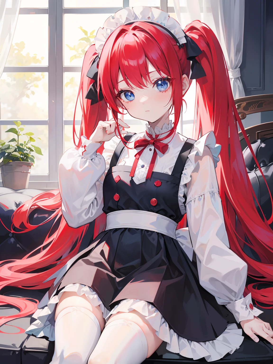 red hair,blue eyes,twintails,maid, long hair, long sleeves, gothic, solo, loli,Short skirt, white stockings,{{best quality}}, {{masterpiece}}, {{ultra-detailed}}, {illustration}, {detailed light}, {an extremely delicate and beautiful},little girl,cute,