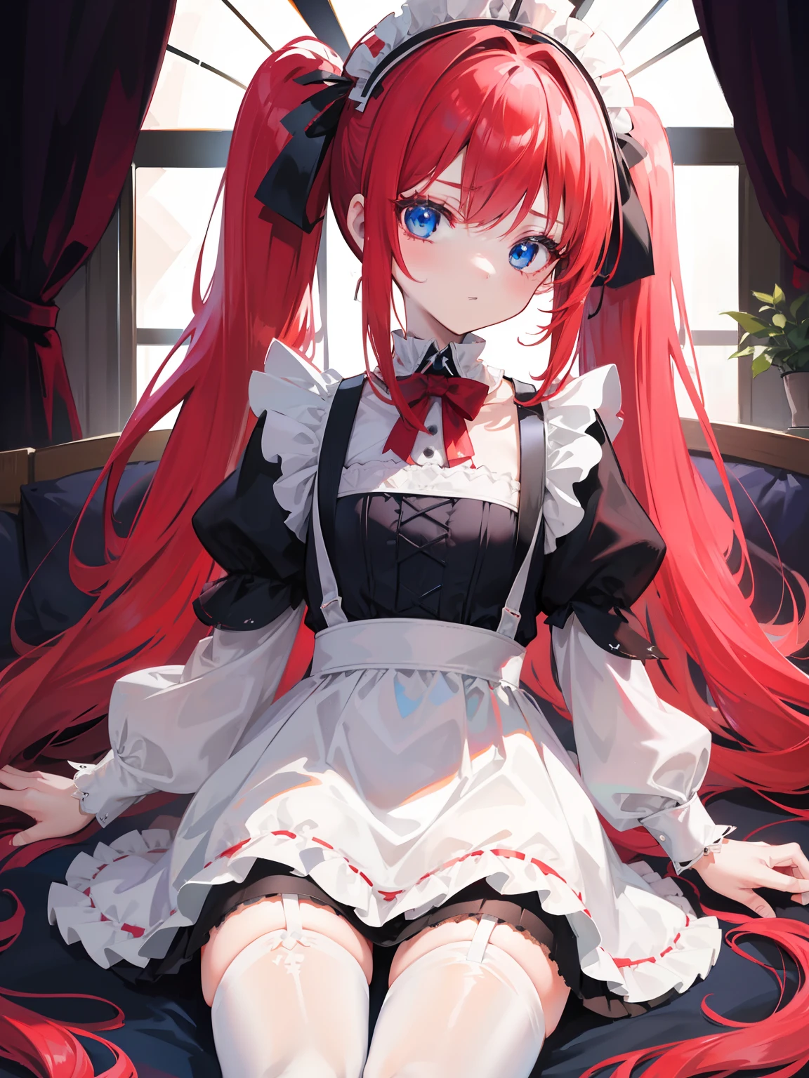 red hair,blue eyes,twintails,maid, long hair, long sleeves, gothic, solo, loli,Short skirt, white stockings,{{best quality}}, {{masterpiece}}, {{ultra-detailed}}, {illustration}, {detailed light}, {an extremely delicate and beautiful}, girl,cute,